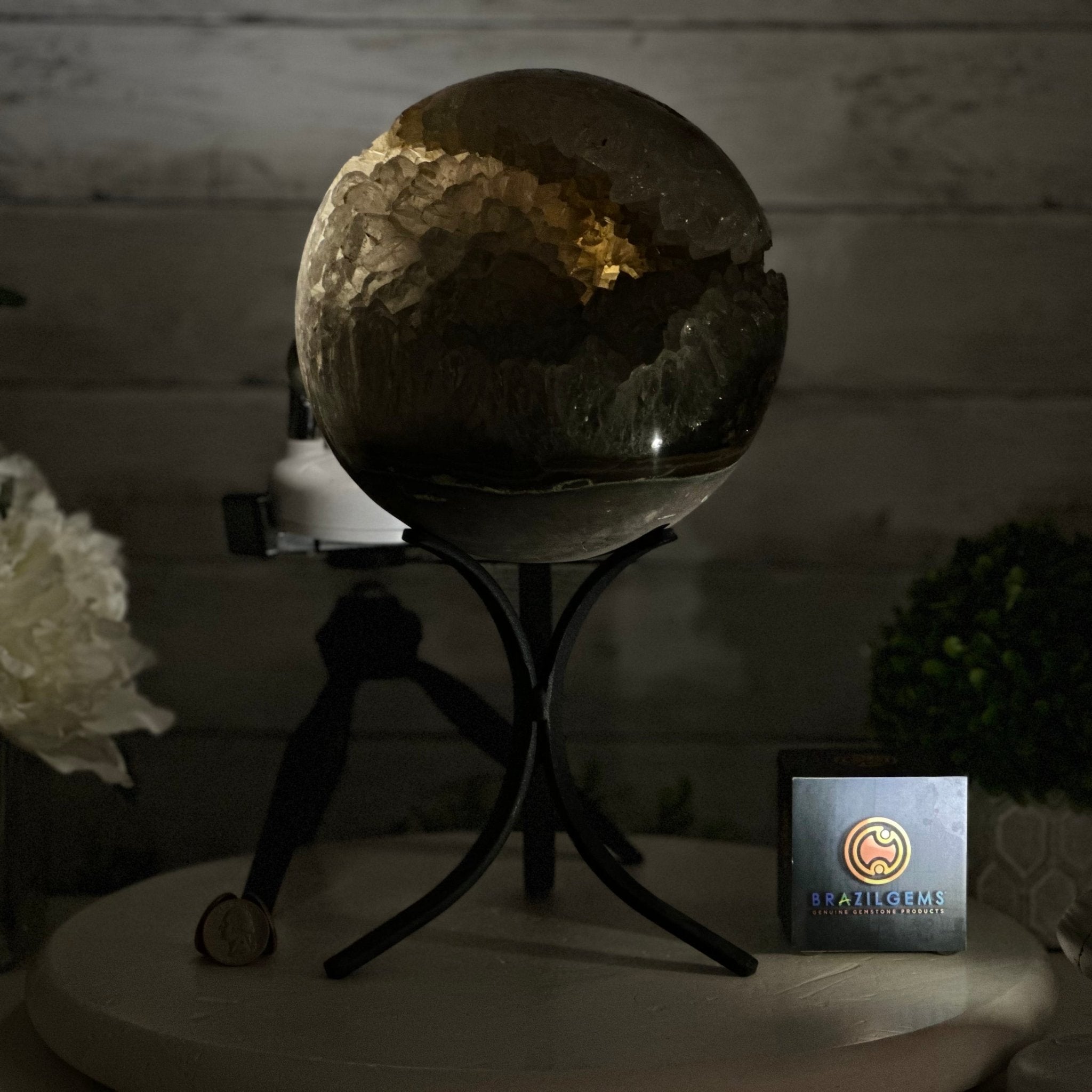 Druzy White Amethyst Sphere on a Metal Base, 14.7 lbs & 12.7" Tall #5630-0075 - Brazil GemsBrazil GemsDruzy White Amethyst Sphere on a Metal Base, 14.7 lbs & 12.7" Tall #5630-0075Spheres5630-0075