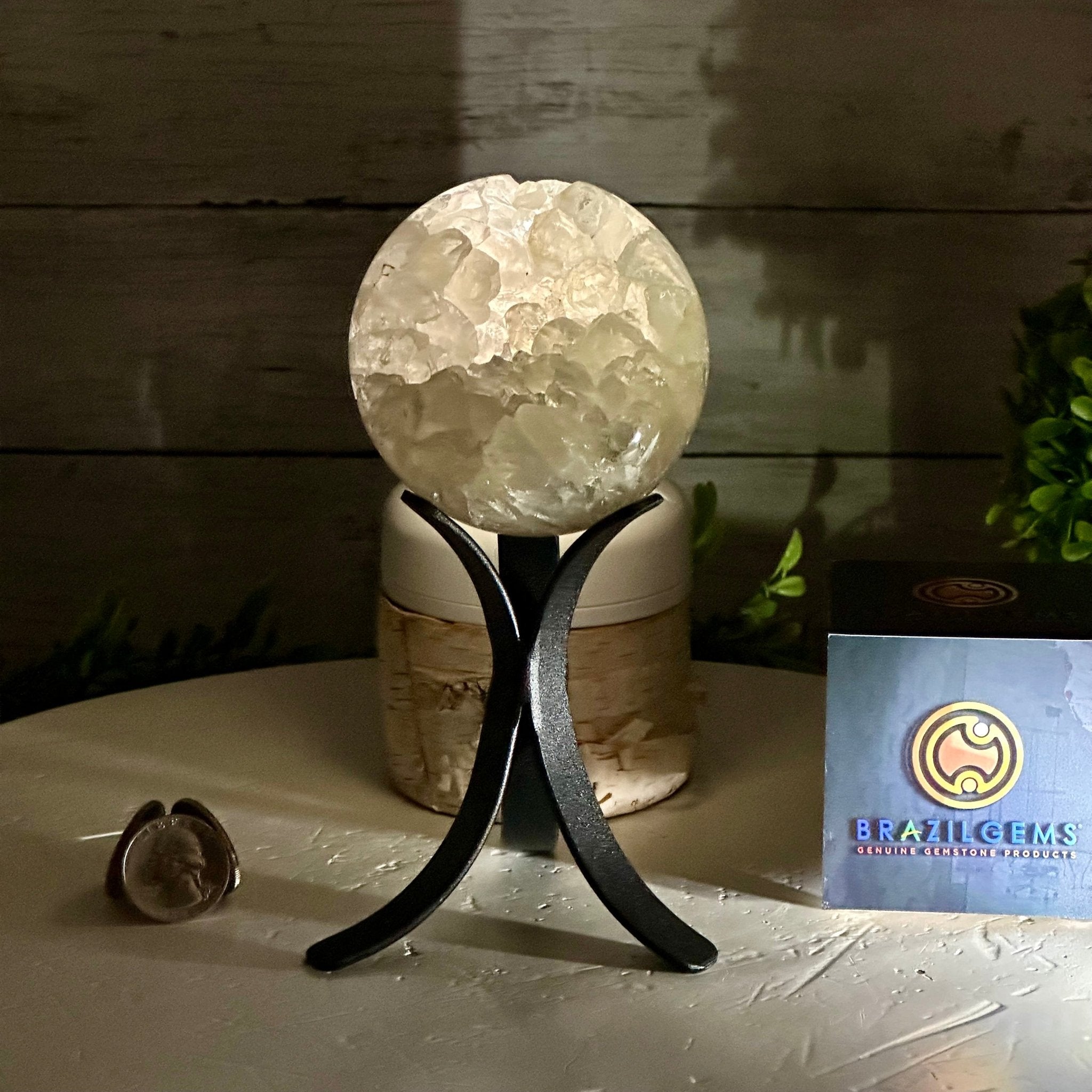 Druzy White Amethyst Sphere on a Metal Stand, 1.1 lbs & 6.6" Tall #5630-0036 - Brazil GemsBrazil GemsDruzy White Amethyst Sphere on a Metal Stand, 1.1 lbs & 6.6" Tall #5630-0036Spheres5630-0036