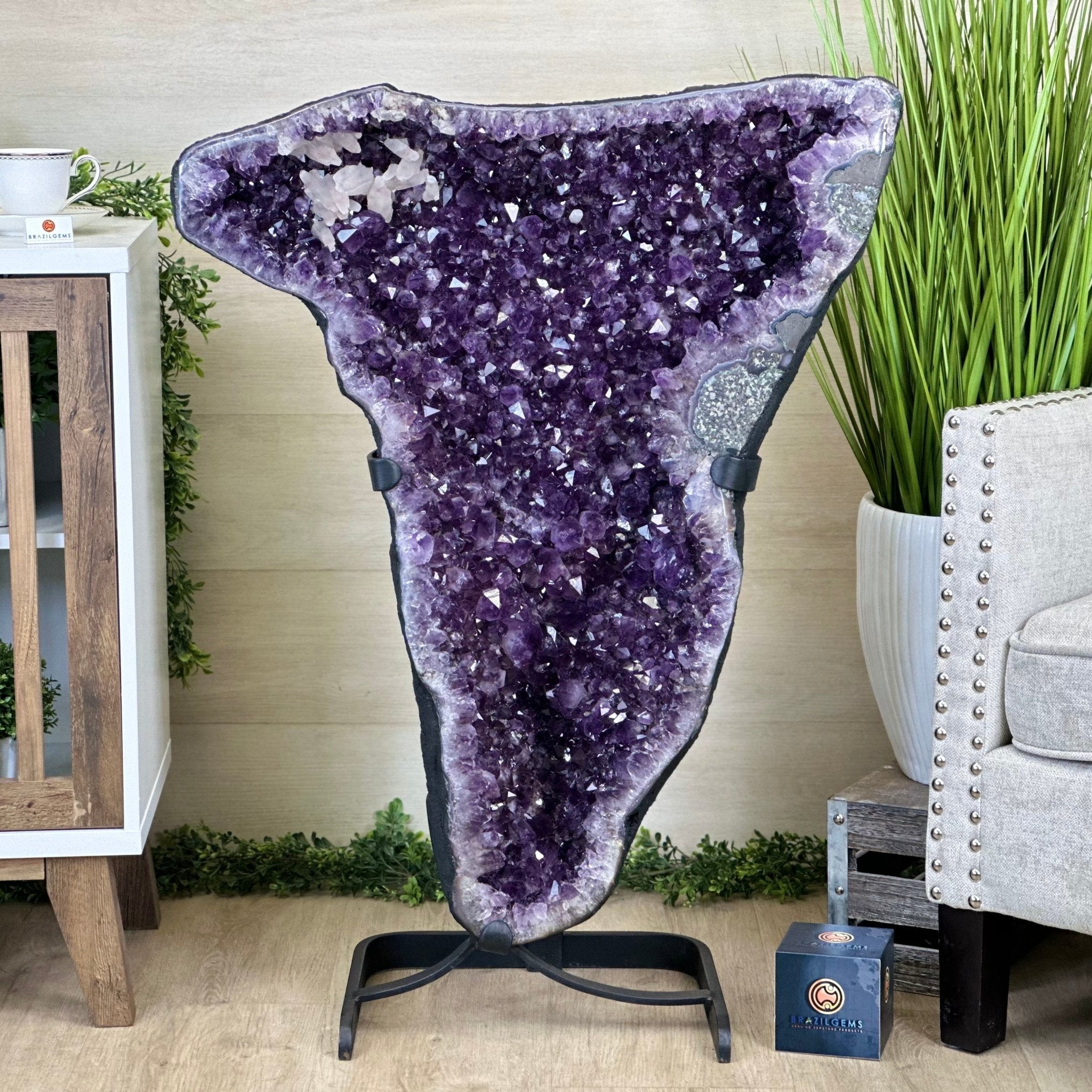 Extra Plus Quality Amethyst Clusters on Metal Stand, 152.1 lbs, 37.4" tall Model #5491 - 0035 - Brazil GemsBrazil GemsExtra Plus Quality Amethyst Clusters on Metal Stand, 152.1 lbs, 37.4" tall Model #5491 - 0035Clusters on Fixed Bases5491 - 0035