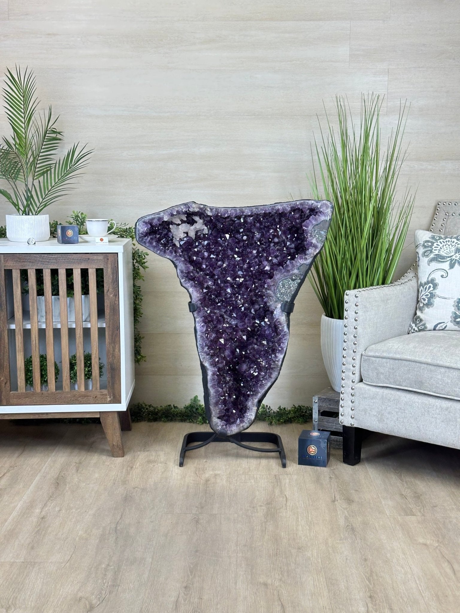 Extra Plus Quality Amethyst Clusters on Metal Stand, 152.1 lbs, 37.4" tall Model #5491 - 0035 - Brazil GemsBrazil GemsExtra Plus Quality Amethyst Clusters on Metal Stand, 152.1 lbs, 37.4" tall Model #5491 - 0035Clusters on Fixed Bases5491 - 0035