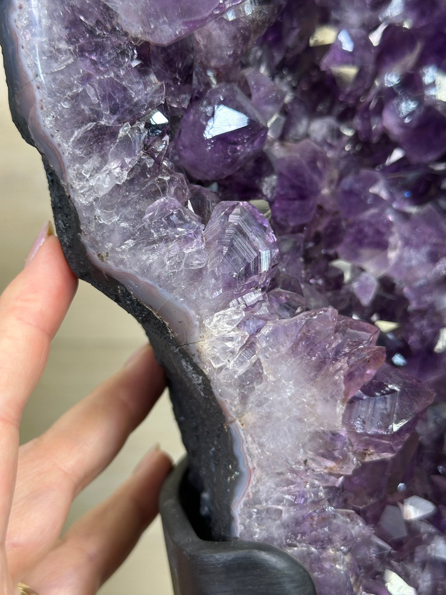 Extra Plus Quality Amethyst Clusters on Metal Stand, 152.1 lbs, 37.4" tall Model #5491 - 0035 - Brazil GemsBrazil GemsExtra Plus Quality Amethyst Clusters on Metal Stand, 152.1 lbs, 37.4" tall Model #5491 - 0035Clusters on Fixed Bases5491 - 0035
