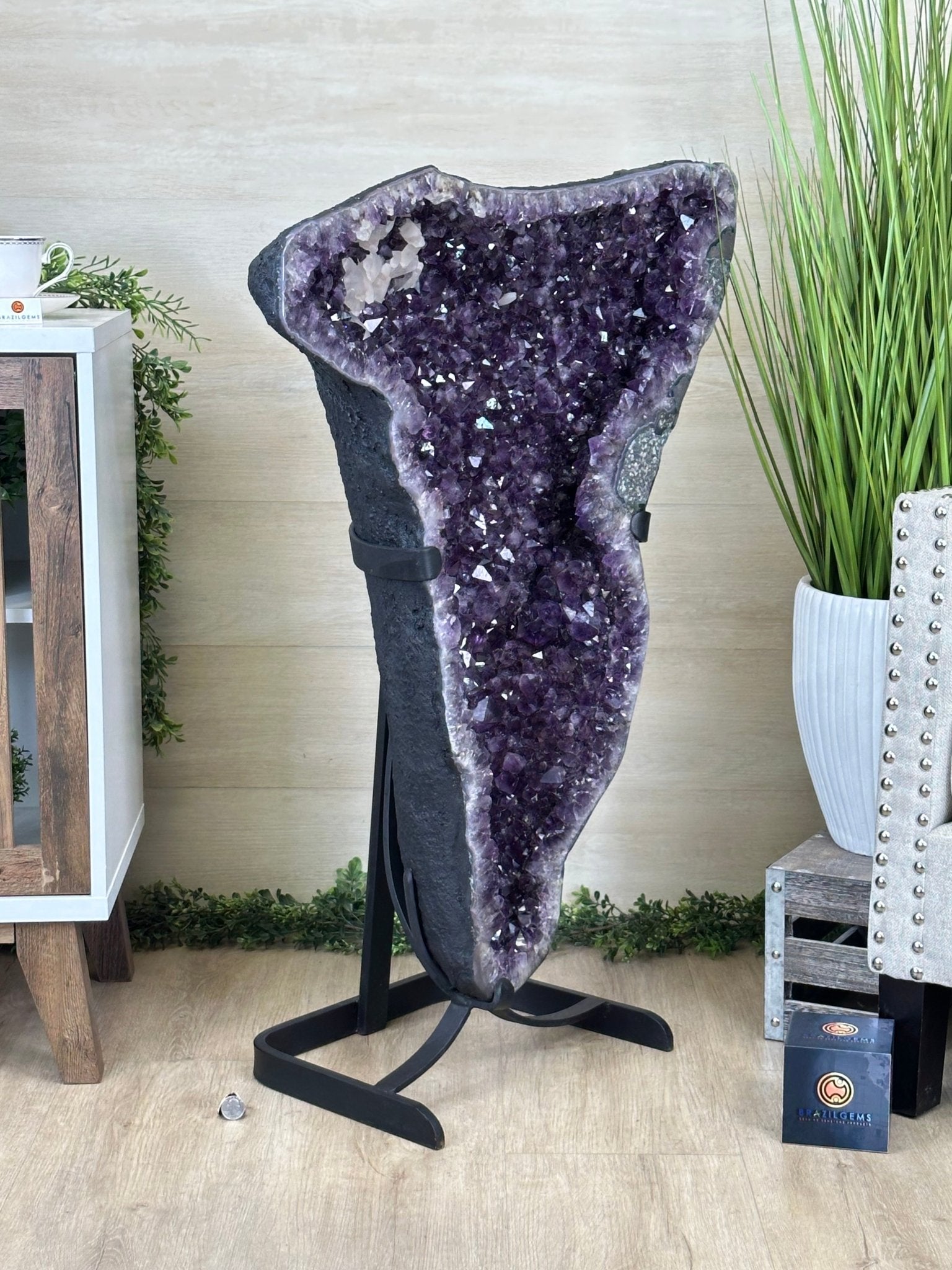 Extra Plus Quality Amethyst Clusters on Metal Stand, 152.1 lbs, 37.4" tall Model #5491 - 0035 - Brazil GemsBrazil GemsExtra Plus Quality Amethyst Clusters on Metal Stand, 152.1 lbs, 37.4" tall Model #5491 - 0035Clusters on Fixed Bases5491 - 0035