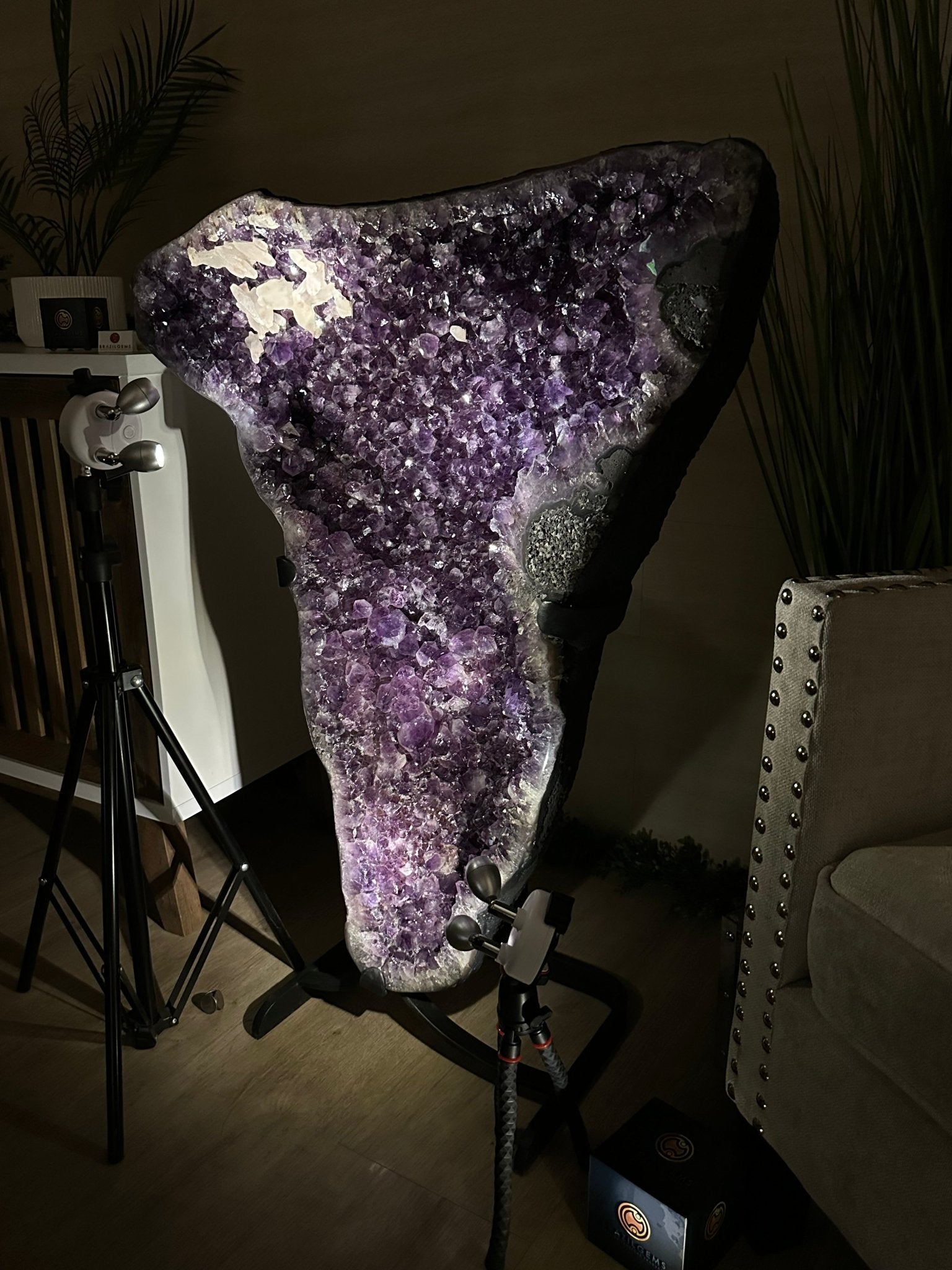 Extra Plus Quality Amethyst Clusters on Metal Stand, 152.1 lbs, 37.4" tall Model #5491 - 0035 - Brazil GemsBrazil GemsExtra Plus Quality Amethyst Clusters on Metal Stand, 152.1 lbs, 37.4" tall Model #5491 - 0035Clusters on Fixed Bases5491 - 0035