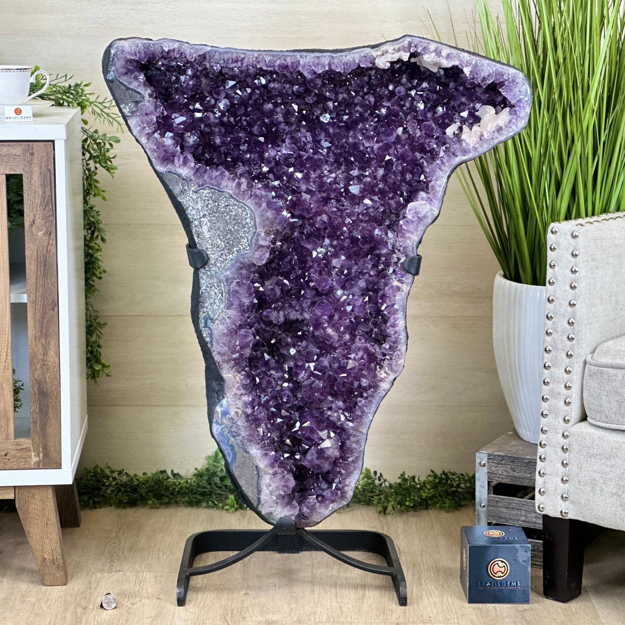 Extra Plus Quality Amethyst Clusters on Metal Stand, 161 lbs, 37" Tall #5491 - 0036 - Brazil GemsBrazil GemsExtra Plus Quality Amethyst Clusters on Metal Stand, 161 lbs, 37" Tall #5491 - 0036Clusters on Fixed Bases5491 - 0036