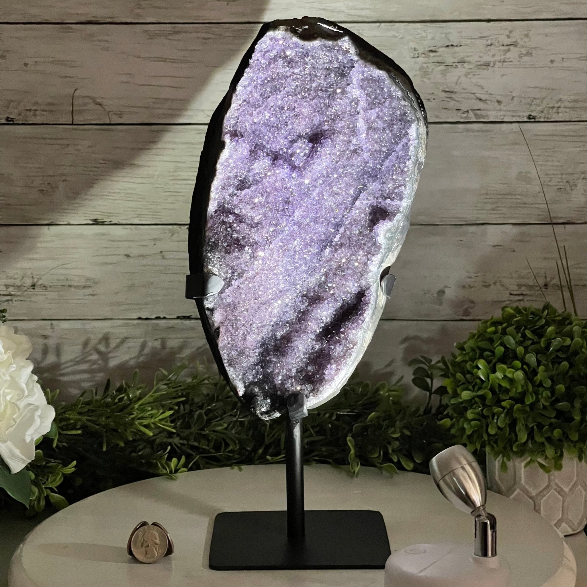 Extra Plus Quality Amethyst Druse Cluster on Metal Stand, 12.5 lbs & 14" tall #5491-0046 by Brazil Gems - Brazil GemsBrazil GemsExtra Plus Quality Amethyst Druse Cluster on Metal Stand, 12.5 lbs & 14" tall #5491-0046 by Brazil GemsClusters on Fixed Bases5491-0046
