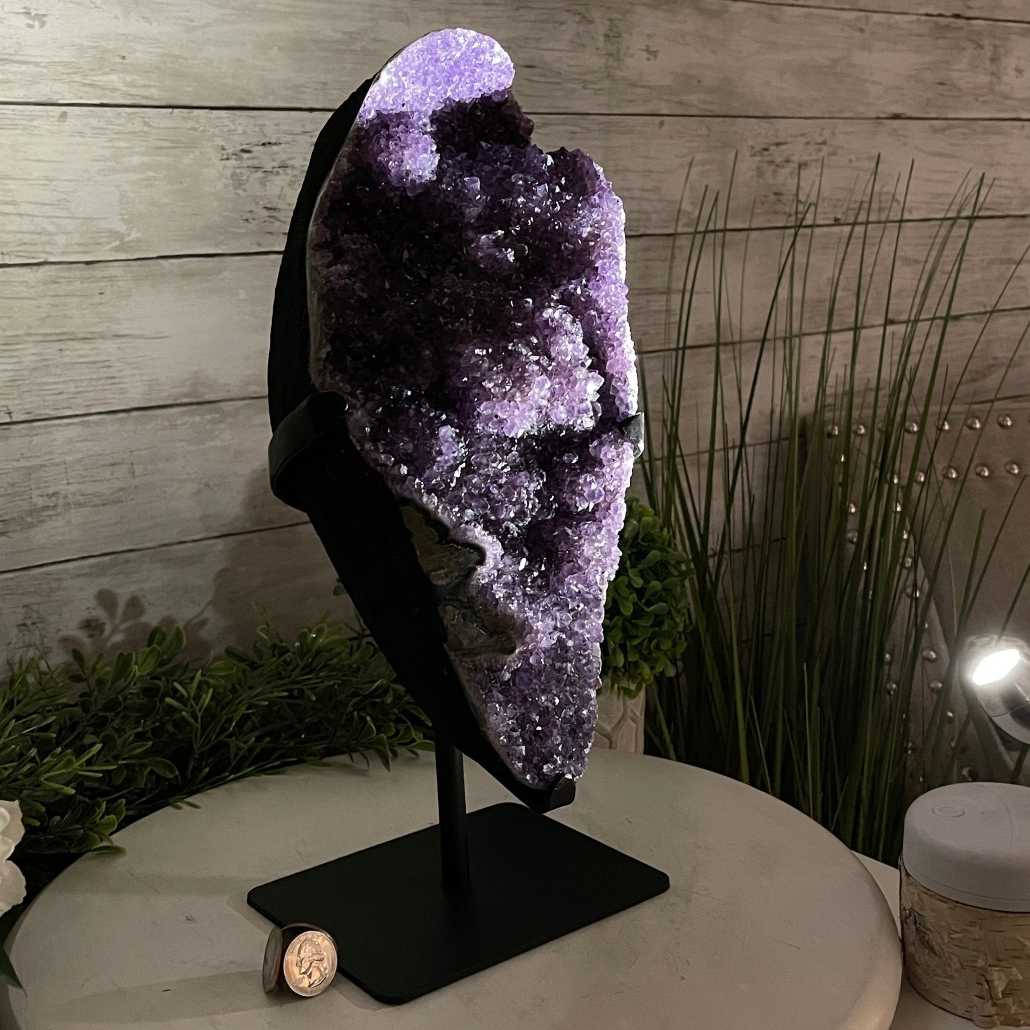 Extra Plus Quality Amethyst Druse Cluster on Metal Stand, 14.4 lbs & 14.25" tall #5491-0056 by Brazil Gems - Brazil GemsBrazil GemsExtra Plus Quality Amethyst Druse Cluster on Metal Stand, 14.4 lbs & 14.25" tall #5491-0056 by Brazil GemsClusters on Fixed Bases5491-0056