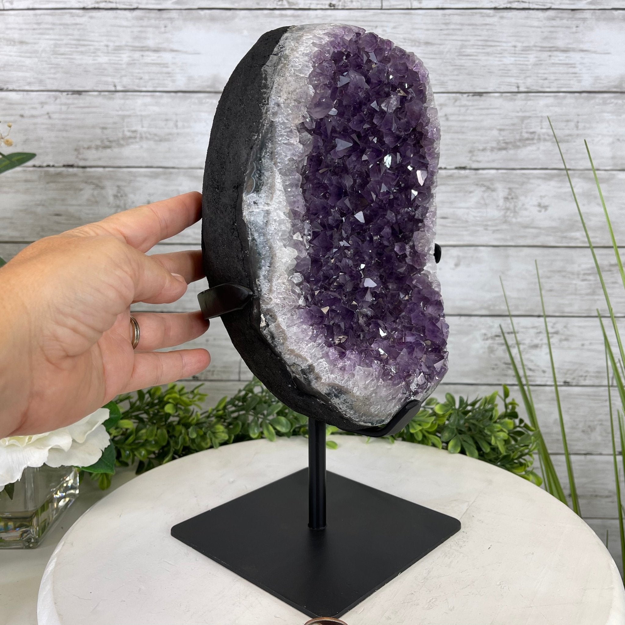 Extra Plus Quality Amethyst Druse Cluster on Metal Stand, 16.7 lbs & 12.9" tall #5491-0040 by Brazil Gems - Brazil GemsBrazil GemsExtra Plus Quality Amethyst Druse Cluster on Metal Stand, 16.7 lbs & 12.9" tall #5491-0040 by Brazil GemsClusters on Fixed Bases5491-0040