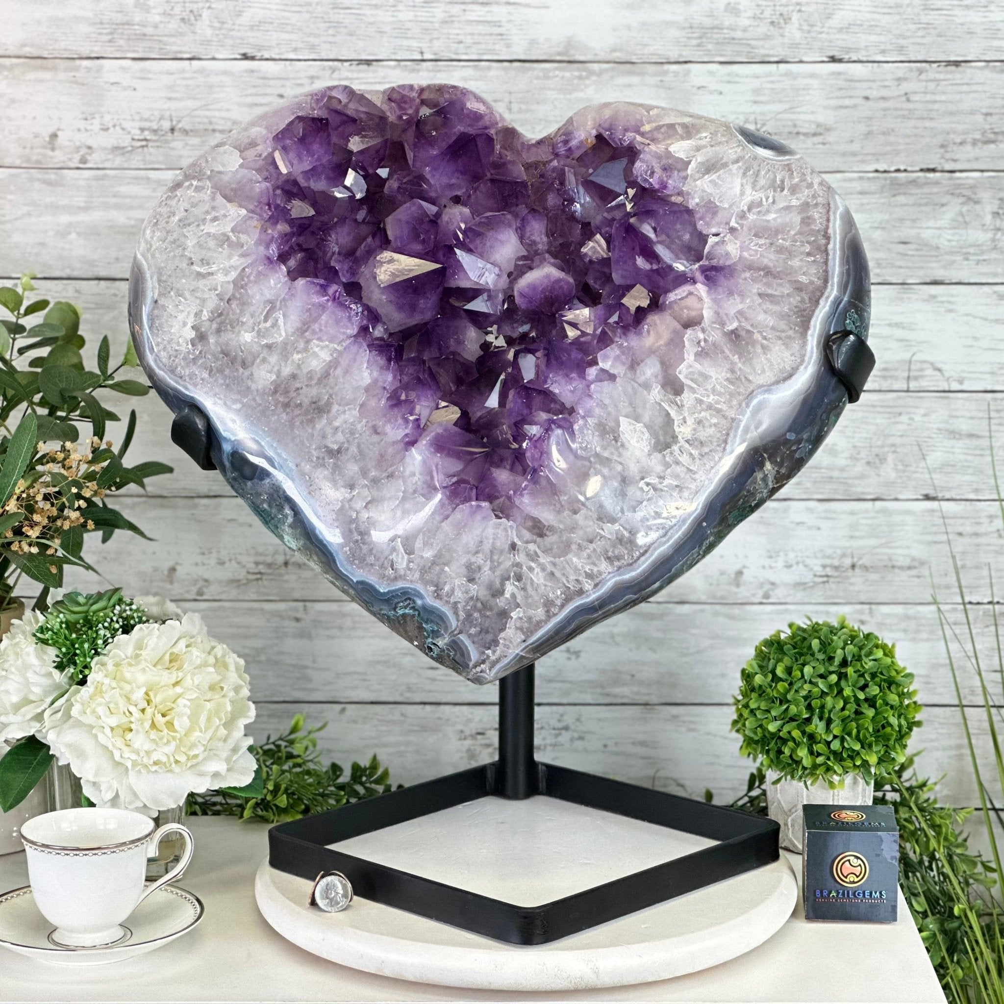 834g Brazilian Pink Amethyst Heart cheapest w Stand / Purple Banding / Crystalline Druzy