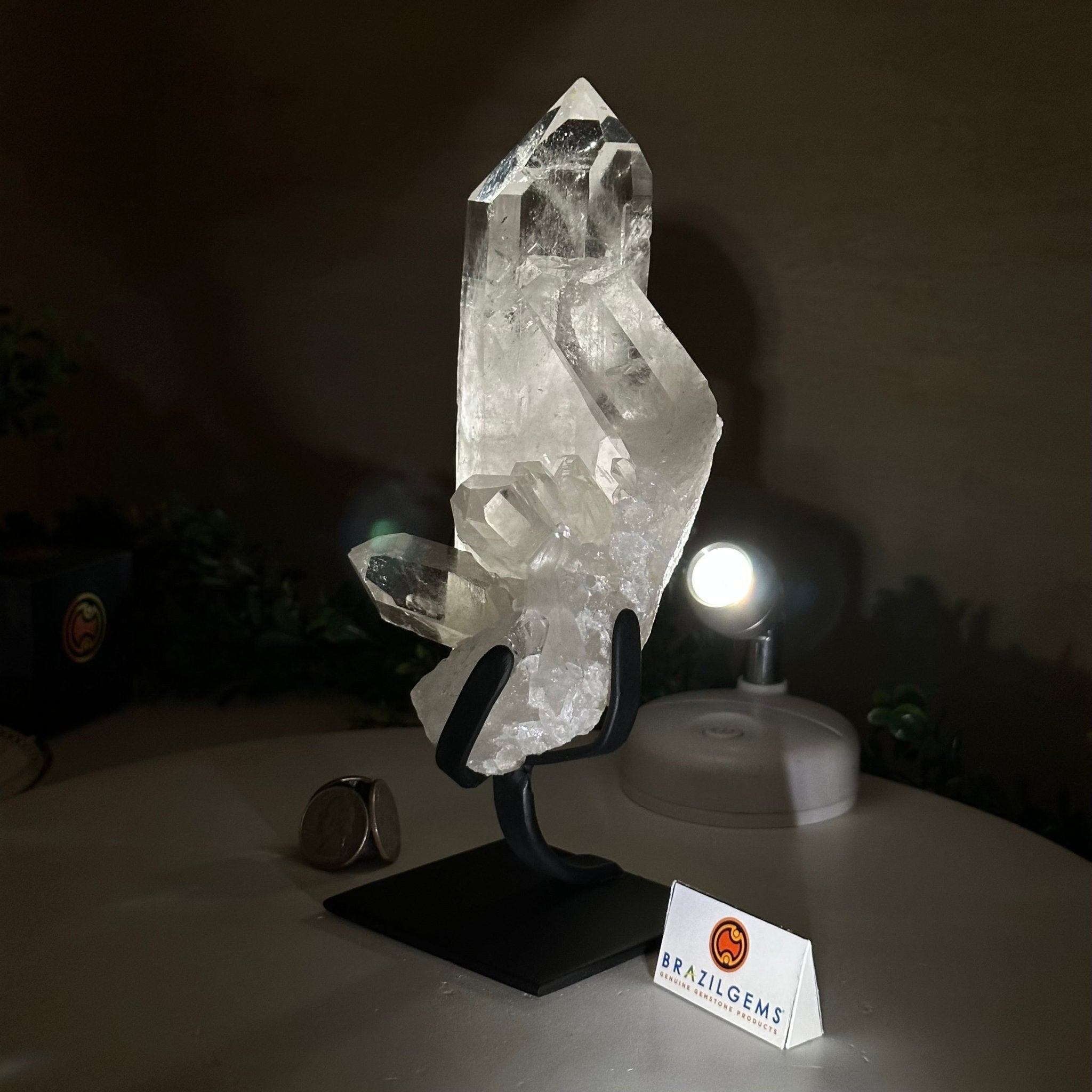 Extra Plus Quality Clear Quartz Point on a Metal Stand, 2.6 lbs & 8.8" Tall 3121CQ - 012 - Brazil GemsBrazil GemsExtra Plus Quality Clear Quartz Point on a Metal Stand, 2.6 lbs & 8.8" Tall 3121CQ - 012Crystal Points3121CQ - 012
