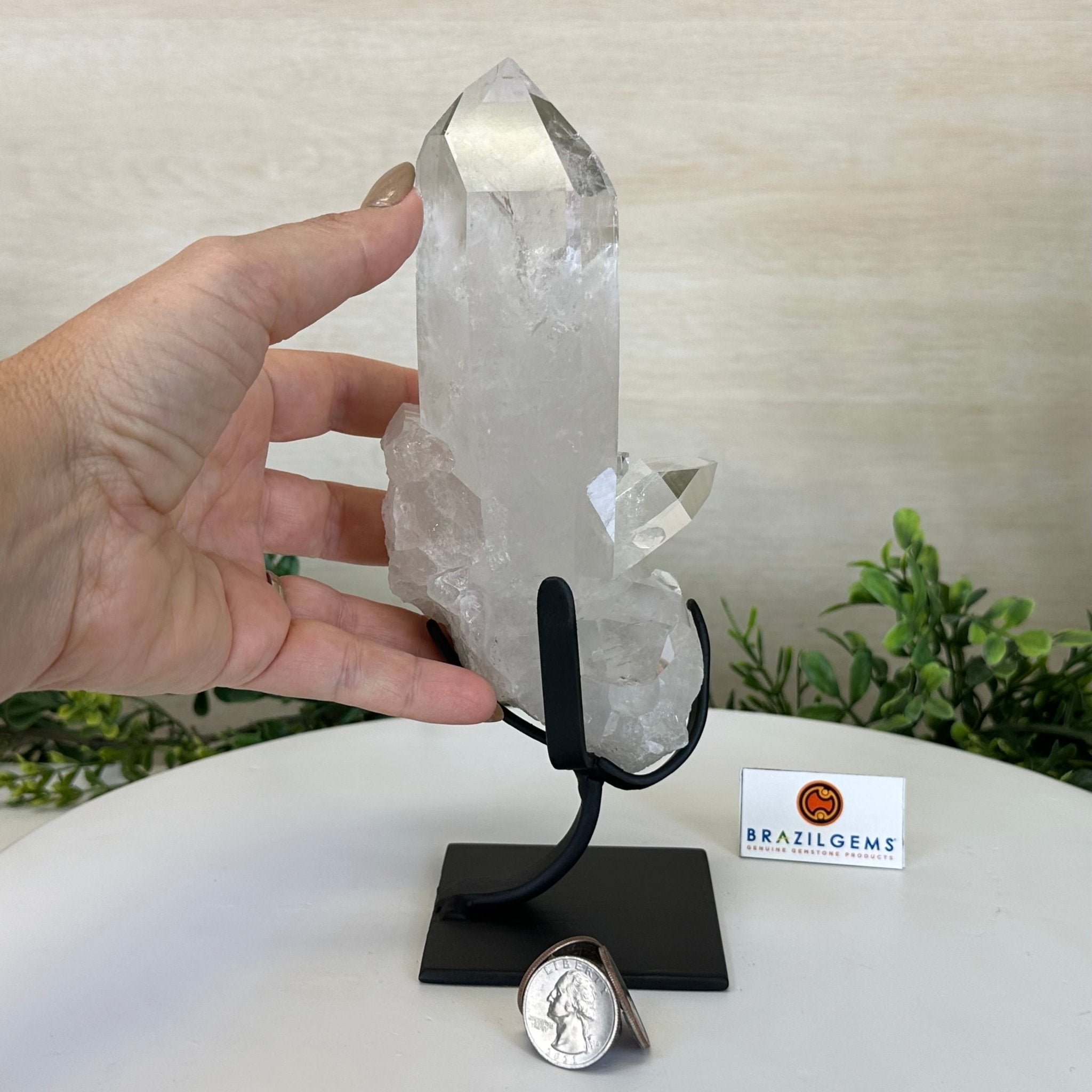 Extra Plus Quality Clear Quartz Point on a Metal Stand, 2.6 lbs & 8.8" Tall 3121CQ - 012 - Brazil GemsBrazil GemsExtra Plus Quality Clear Quartz Point on a Metal Stand, 2.6 lbs & 8.8" Tall 3121CQ - 012Crystal Points3121CQ - 012