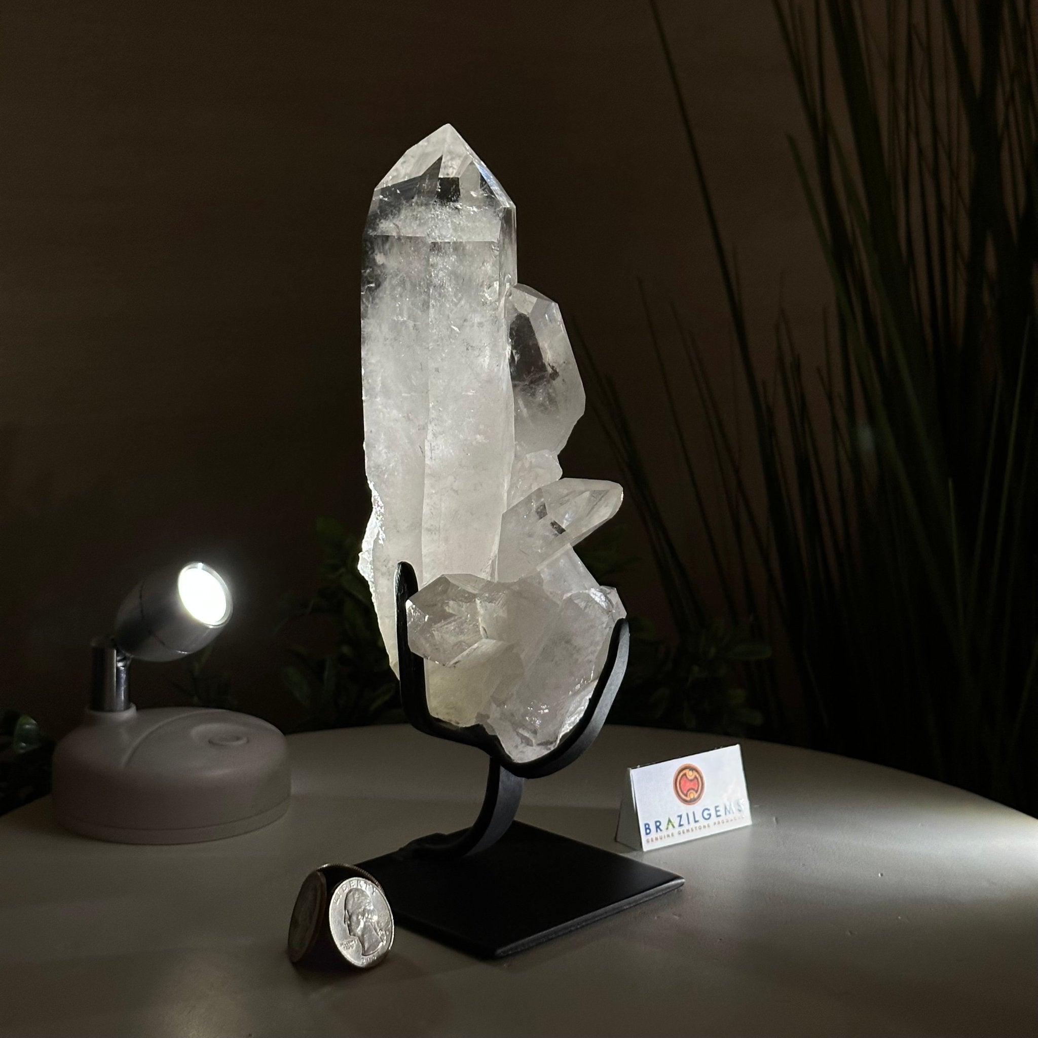 Extra Plus Quality Clear Quartz Point on a Metal Stand, 2.6 lbs & 8.8" Tall 3121CQ - 012 - Brazil GemsBrazil GemsExtra Plus Quality Clear Quartz Point on a Metal Stand, 2.6 lbs & 8.8" Tall 3121CQ - 012Crystal Points3121CQ - 012
