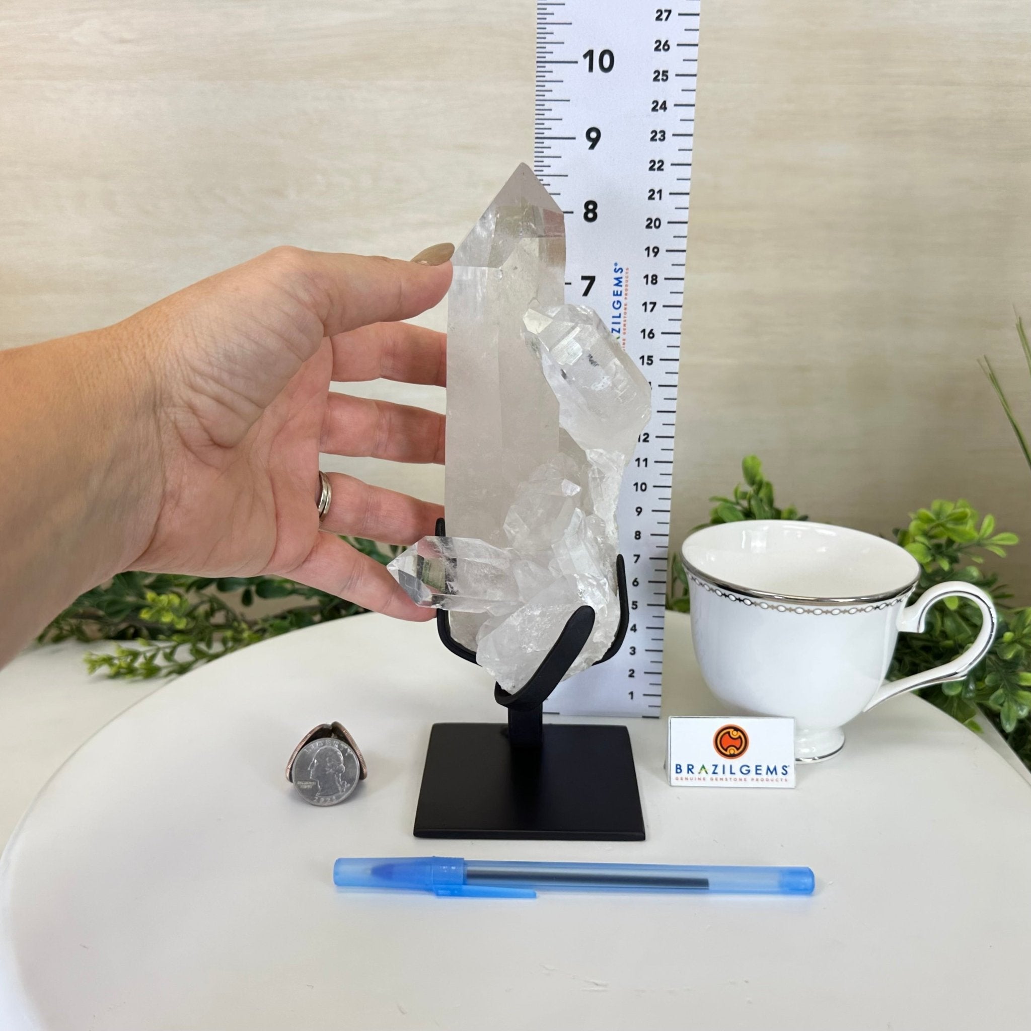 Extra Plus Quality Clear Quartz Point on a Metal Stand, 2.6 lbs & 8.8" Tall 3121CQ - 012 - Brazil GemsBrazil GemsExtra Plus Quality Clear Quartz Point on a Metal Stand, 2.6 lbs & 8.8" Tall 3121CQ - 012Crystal Points3121CQ - 012
