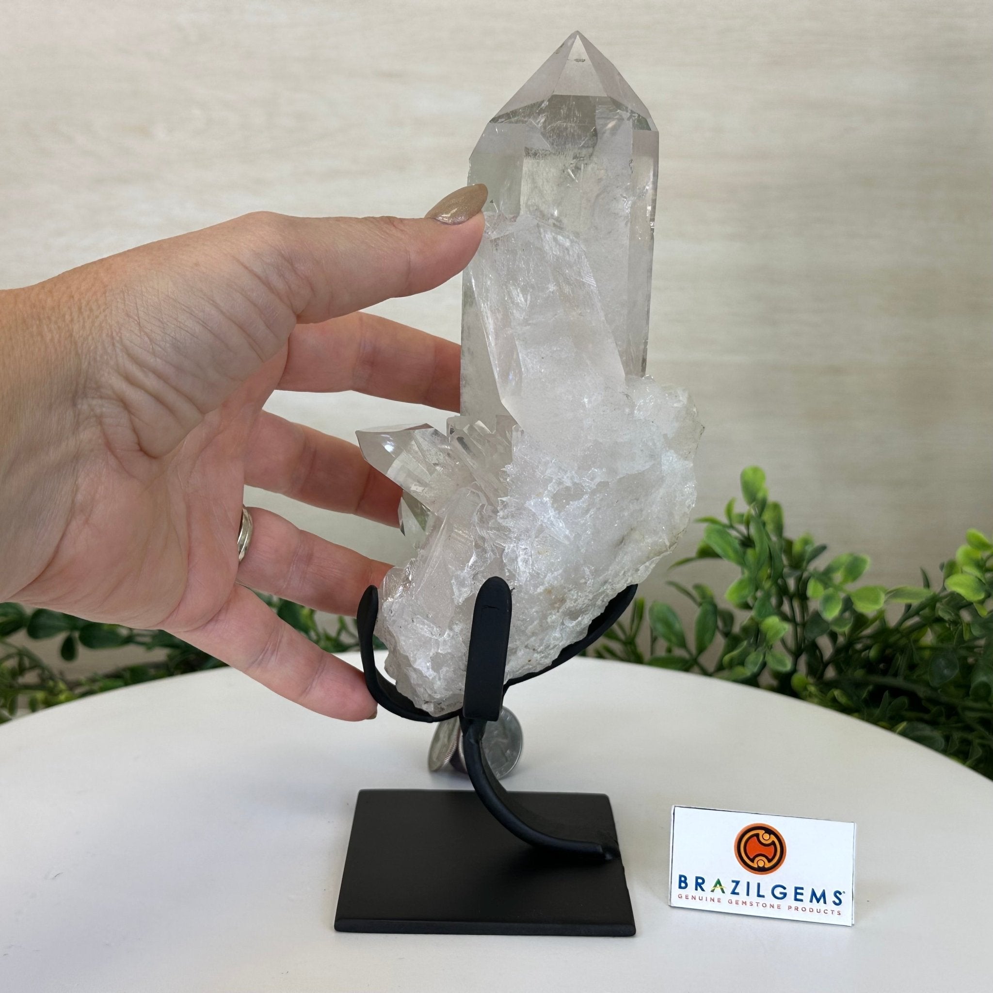 Extra Plus Quality Clear Quartz Point on a Metal Stand, 2.6 lbs & 8.8" Tall 3121CQ - 012 - Brazil GemsBrazil GemsExtra Plus Quality Clear Quartz Point on a Metal Stand, 2.6 lbs & 8.8" Tall 3121CQ - 012Crystal Points3121CQ - 012