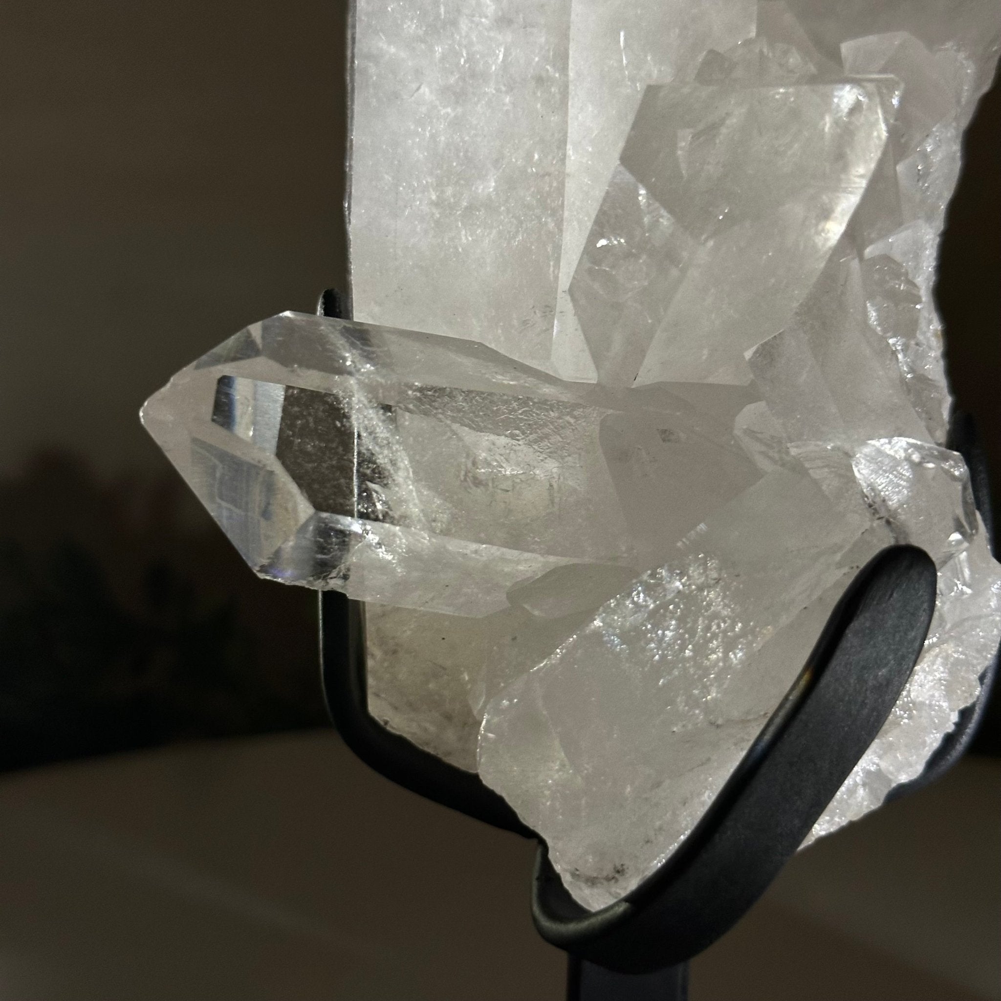 Extra Plus Quality Clear Quartz Point on a Metal Stand, 2.6 lbs & 8.8" Tall 3121CQ - 012 - Brazil GemsBrazil GemsExtra Plus Quality Clear Quartz Point on a Metal Stand, 2.6 lbs & 8.8" Tall 3121CQ - 012Crystal Points3121CQ - 012
