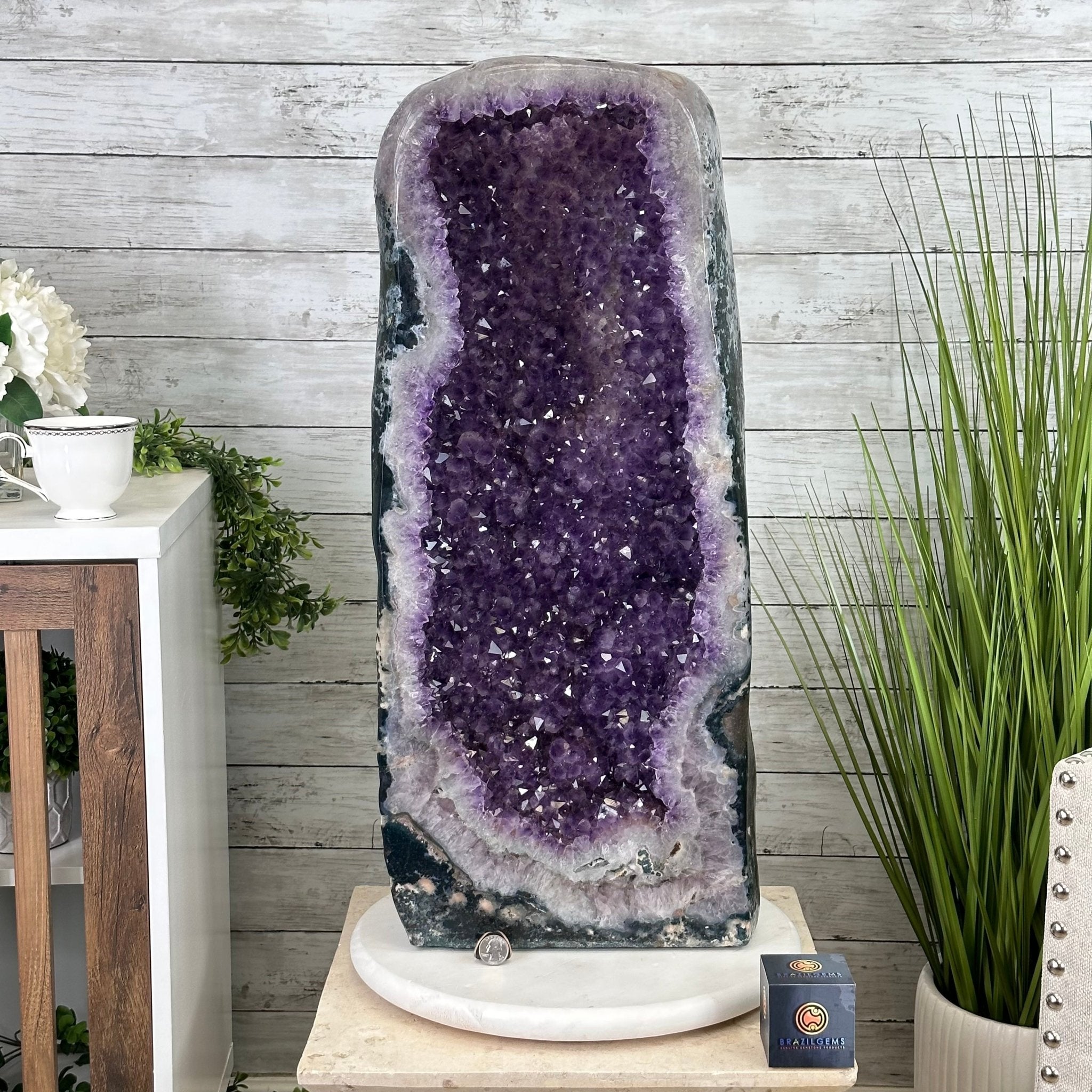 Extra Plus Quality Polished Brazilian Amethyst Cathedral, 96.2 lbs & 27.75" tall Model #5602-0057 by Brazil Gems - Brazil GemsBrazil GemsExtra Plus Quality Polished Brazilian Amethyst Cathedral, 96.2 lbs & 27.75" tall Model #5602-0057 by Brazil GemsPolished Cathedrals5602-0057
