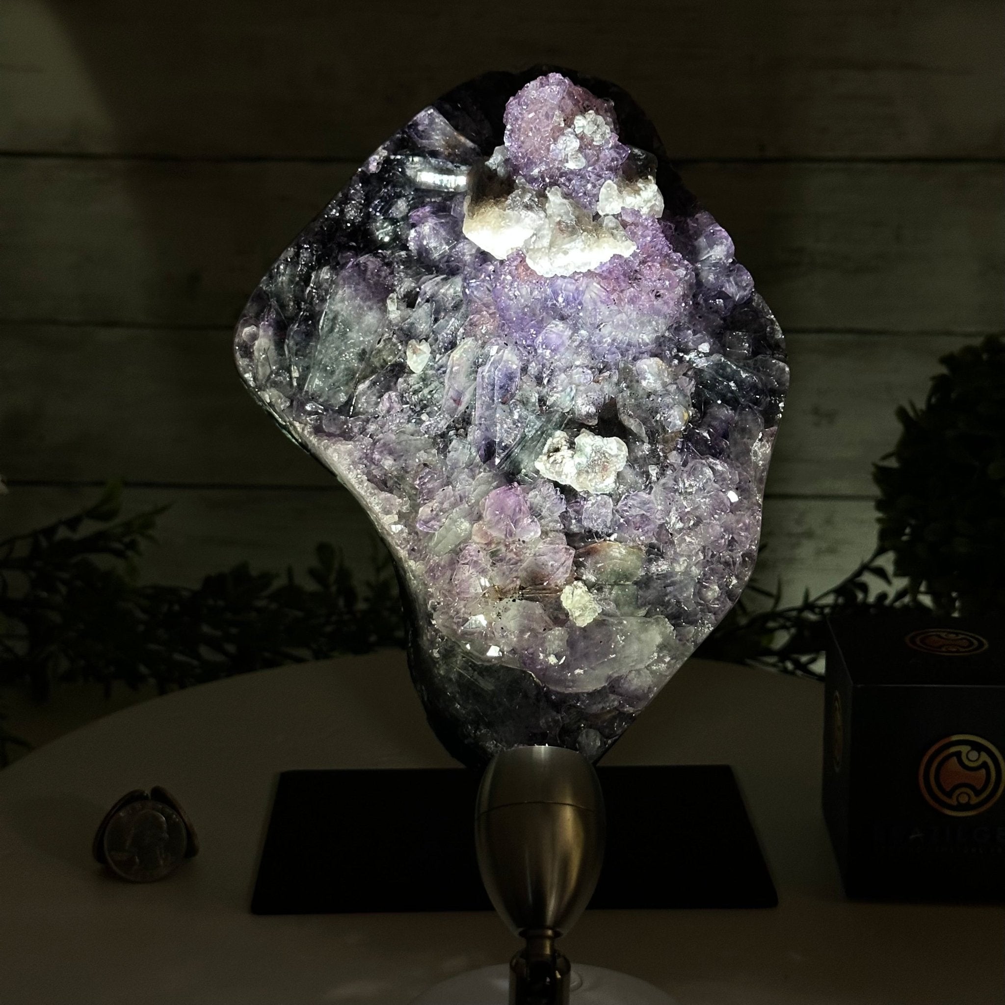 Extra Quality Amethyst Cluster on a Metal Base, 10.5 lbs & 8.8" Tall #5491-0142 - Brazil GemsBrazil GemsExtra Quality Amethyst Cluster on a Metal Base, 10.5 lbs & 8.8" Tall #5491-0142Clusters on Fixed Bases5491-0142