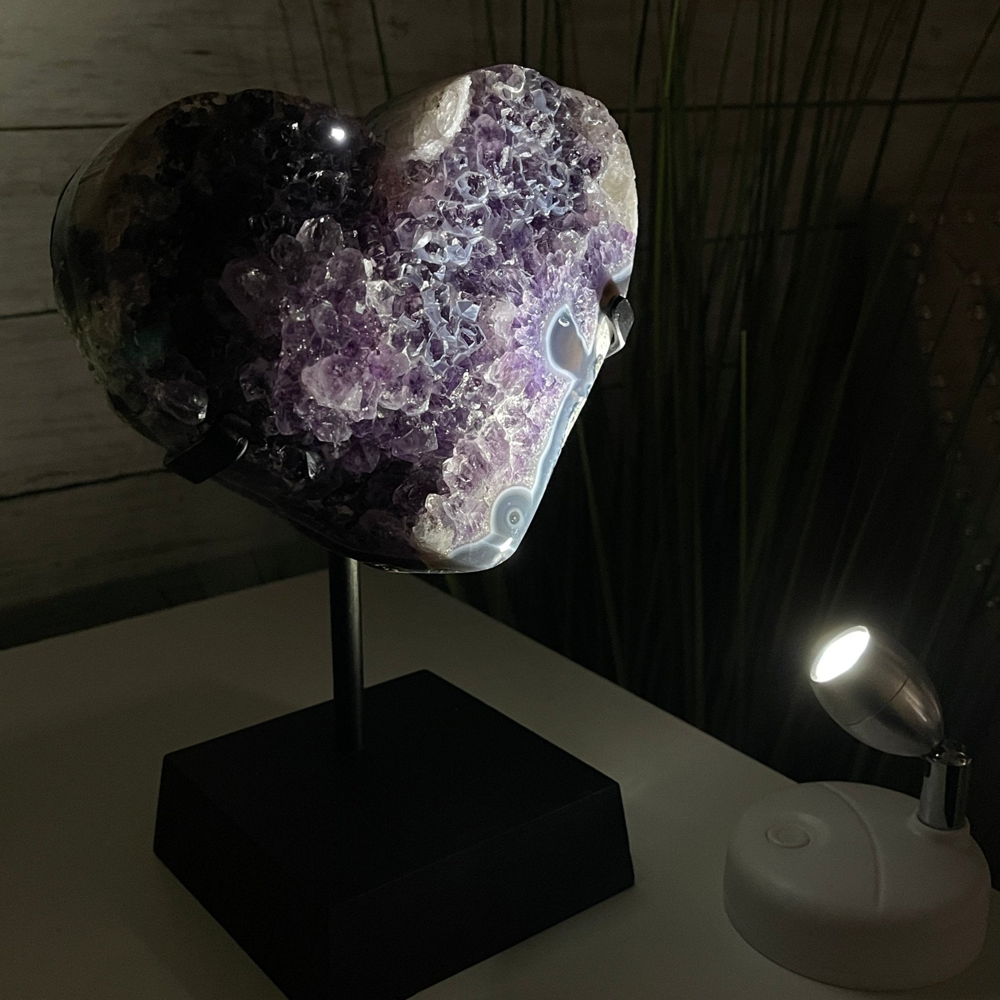 Extra Quality Amethyst Heart Geode, metal & wood stand, 9.5" Tall & 4.4 lbs #5463-0177 by Brazil Gems - Brazil GemsBrazil GemsExtra Quality Amethyst Heart Geode, metal & wood stand, 9.5" Tall & 4.4 lbs #5463-0177 by Brazil GemsHearts5463-0177