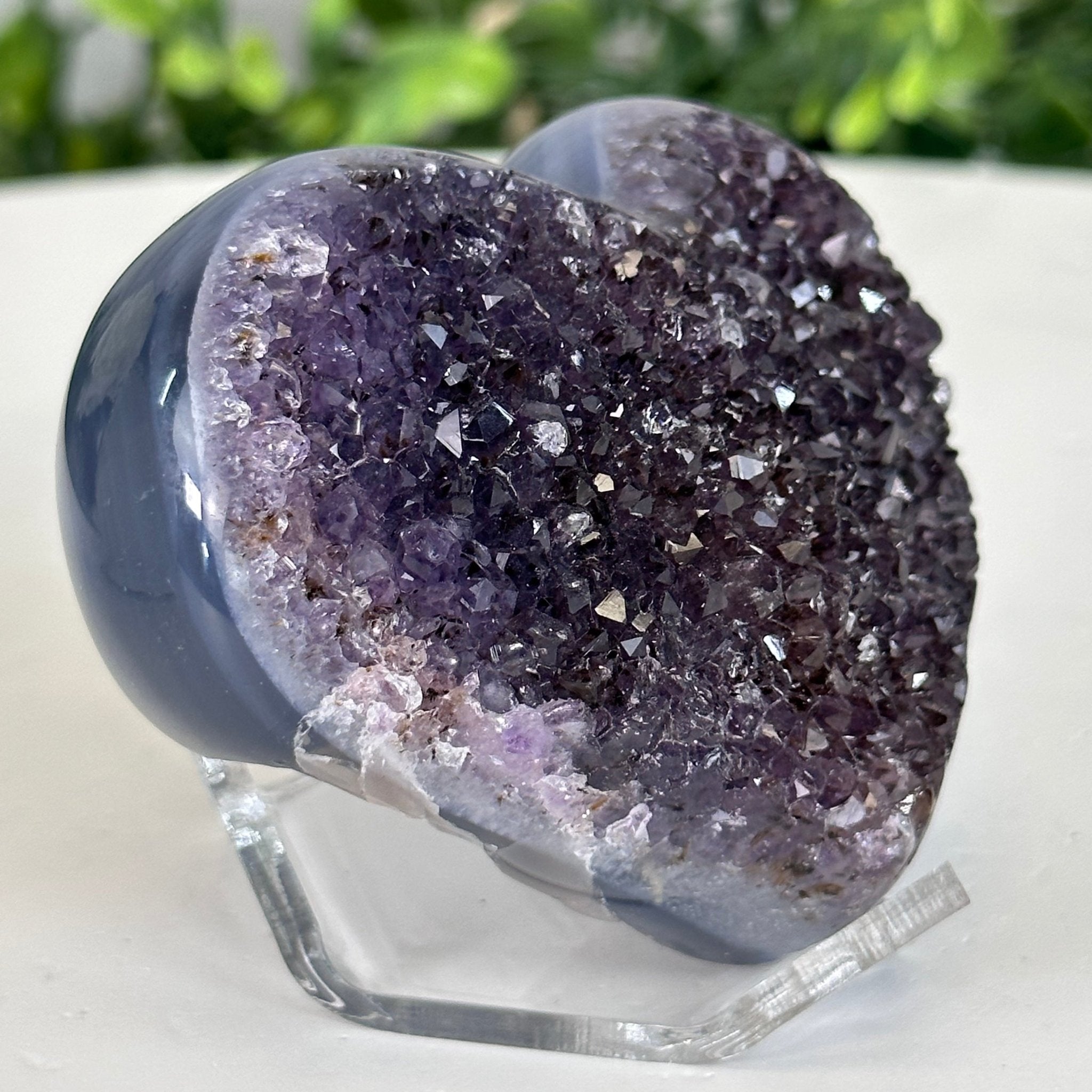 Extra Quality Amethyst Heart Geode on an Acrylic Stand, 0.48 lbs & 2.3" Tall #5462-0037 by Brazil Gems - Brazil GemsBrazil GemsExtra Quality Amethyst Heart Geode on an Acrylic Stand, 0.48 lbs & 2.3" Tall #5462-0037 by Brazil GemsHearts5462-0037