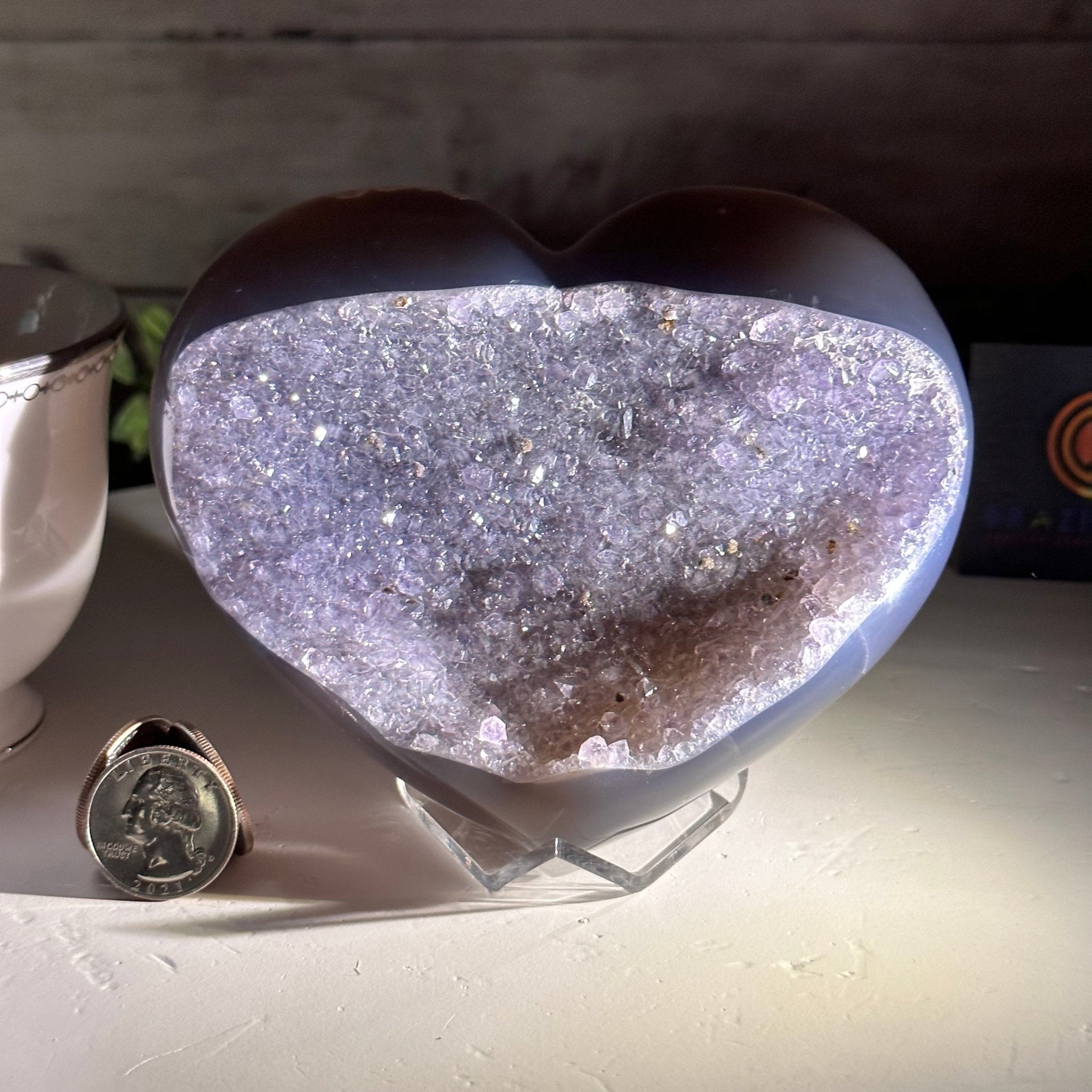 Extra Quality Amethyst Heart Geode on an Acrylic Stand 1.78 lbs & 3.9" Tall #5462-0099 by Brazil Gems - Brazil GemsBrazil GemsExtra Quality Amethyst Heart Geode on an Acrylic Stand 1.78 lbs & 3.9" Tall #5462-0099 by Brazil GemsHearts5462-0099