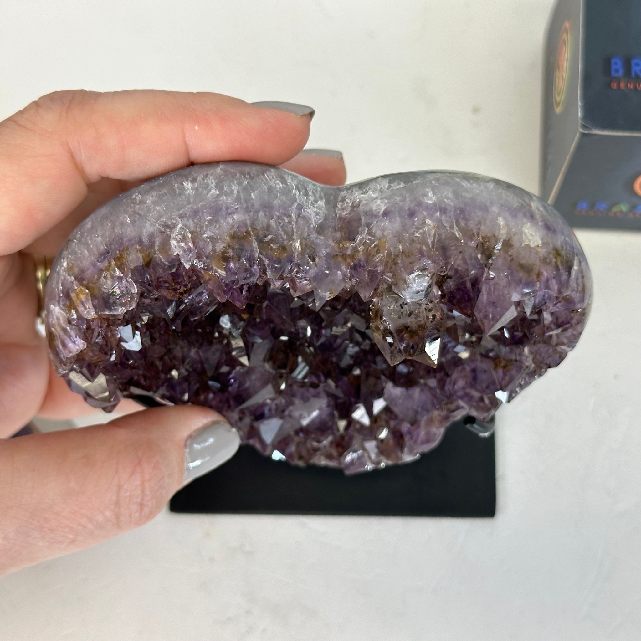Extra Quality Amethyst Heart Geode w/ metal stand, 1.3 lbs & 5.2" Tall #5463-0298 - Brazil GemsBrazil GemsExtra Quality Amethyst Heart Geode w/ metal stand, 1.3 lbs & 5.2" Tall #5463-0298Hearts5463-0298