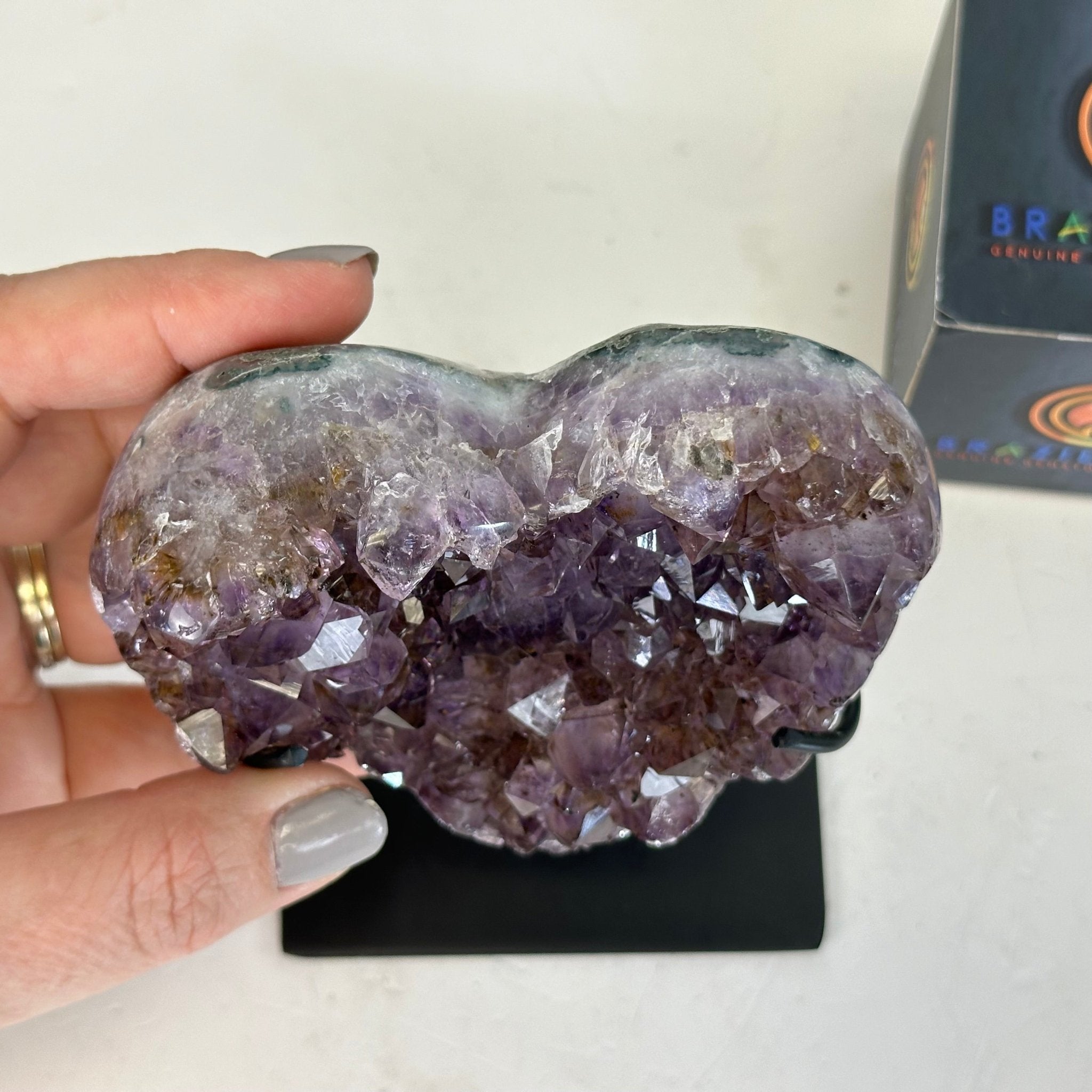 Extra Quality Amethyst Heart Geode w/ metal stand, 1.3 lbs & 5.5" Tall #5463-0297 - Brazil GemsBrazil GemsExtra Quality Amethyst Heart Geode w/ metal stand, 1.3 lbs & 5.5" Tall #5463-0297Hearts5463-0297