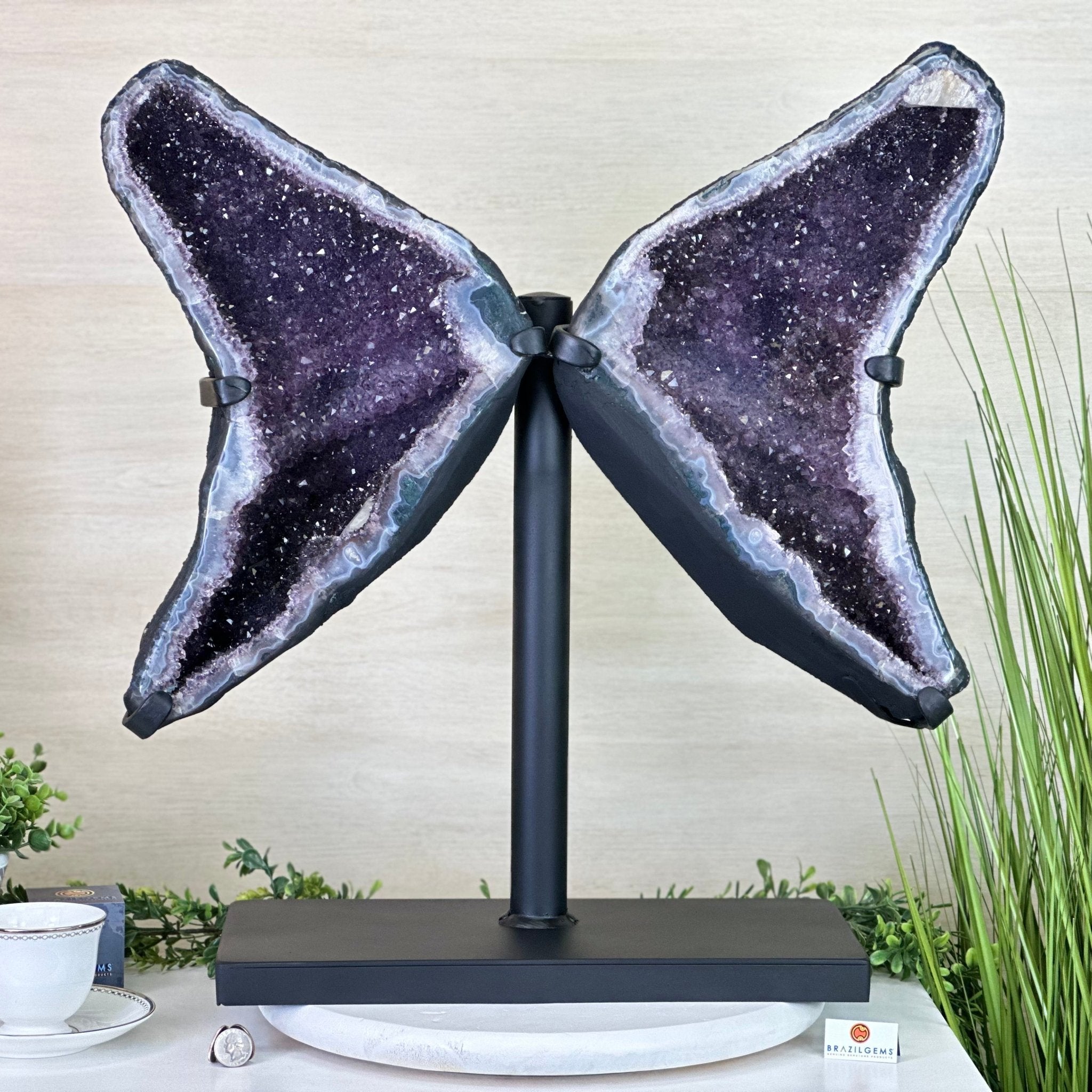 Extra Quality Amethyst Wings on a Metal Stand, 50.7 lbs, 24.4" Tall #5493 - 0044 - Brazil GemsBrazil GemsExtra Quality Amethyst Wings on a Metal Stand, 50.7 lbs, 24.4" Tall #5493 - 0044Amethyst Butterfly Wings5493 - 0044