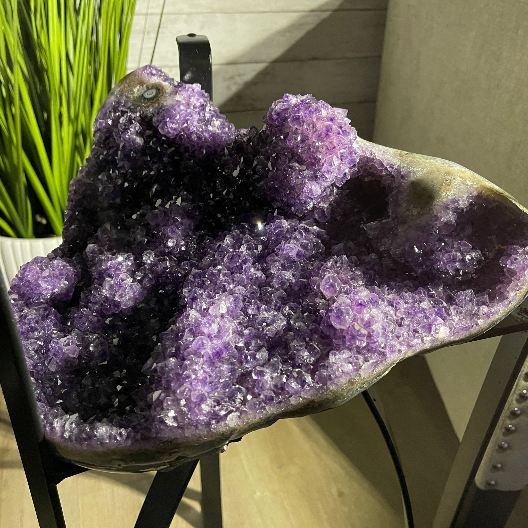 Extra Quality Uruguayan Amethyst Geode Side Table, 31.5 lbs, 23.75" tall on a metal base #1384-0017 by Brazil Gems - Brazil GemsBrazil GemsExtra Quality Uruguayan Amethyst Geode Side Table, 31.5 lbs, 23.75" tall on a metal base #1384-0017 by Brazil GemsTables: Side1384-0017