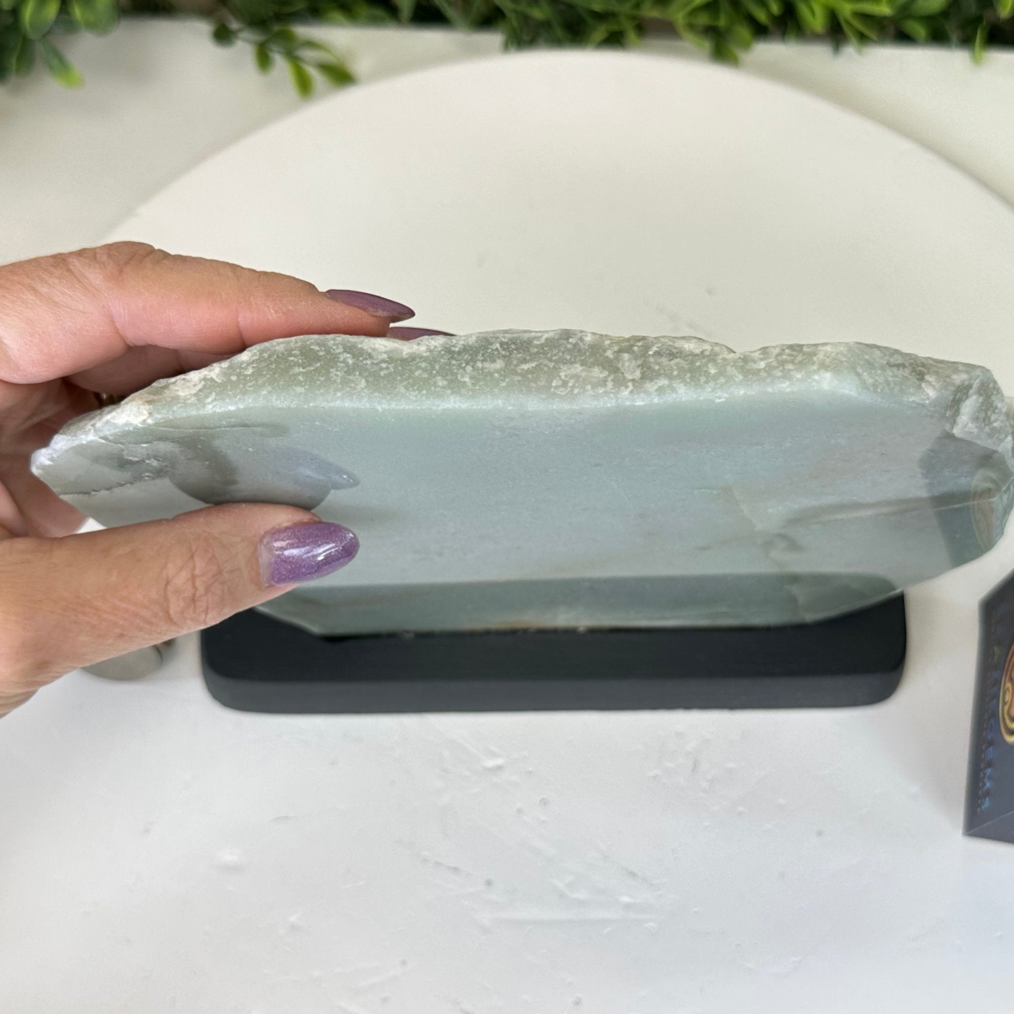 Green Quartz Polished Slice with Rough Edges, Wood Base 7" Tall #6100GQ - 023 - Brazil GemsBrazil GemsGreen Quartz Polished Slice with Rough Edges, Wood Base 7" Tall #6100GQ - 023Slices on Wood Bases6100GQ - 023