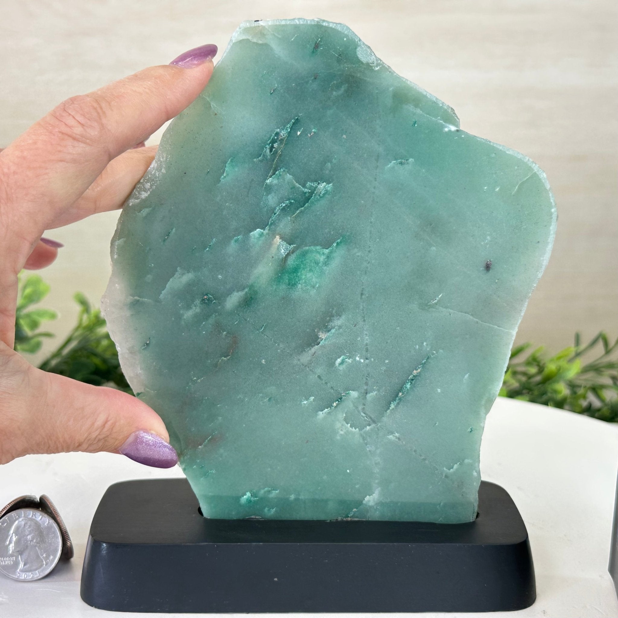 Green Quartz Polished Slice with Rough Edges, Wood Base 7.5" Tall #6100GQ - 007 - Brazil GemsBrazil GemsGreen Quartz Polished Slice with Rough Edges, Wood Base 7.5" Tall #6100GQ - 007Slices on Wood Bases6100GQ - 007