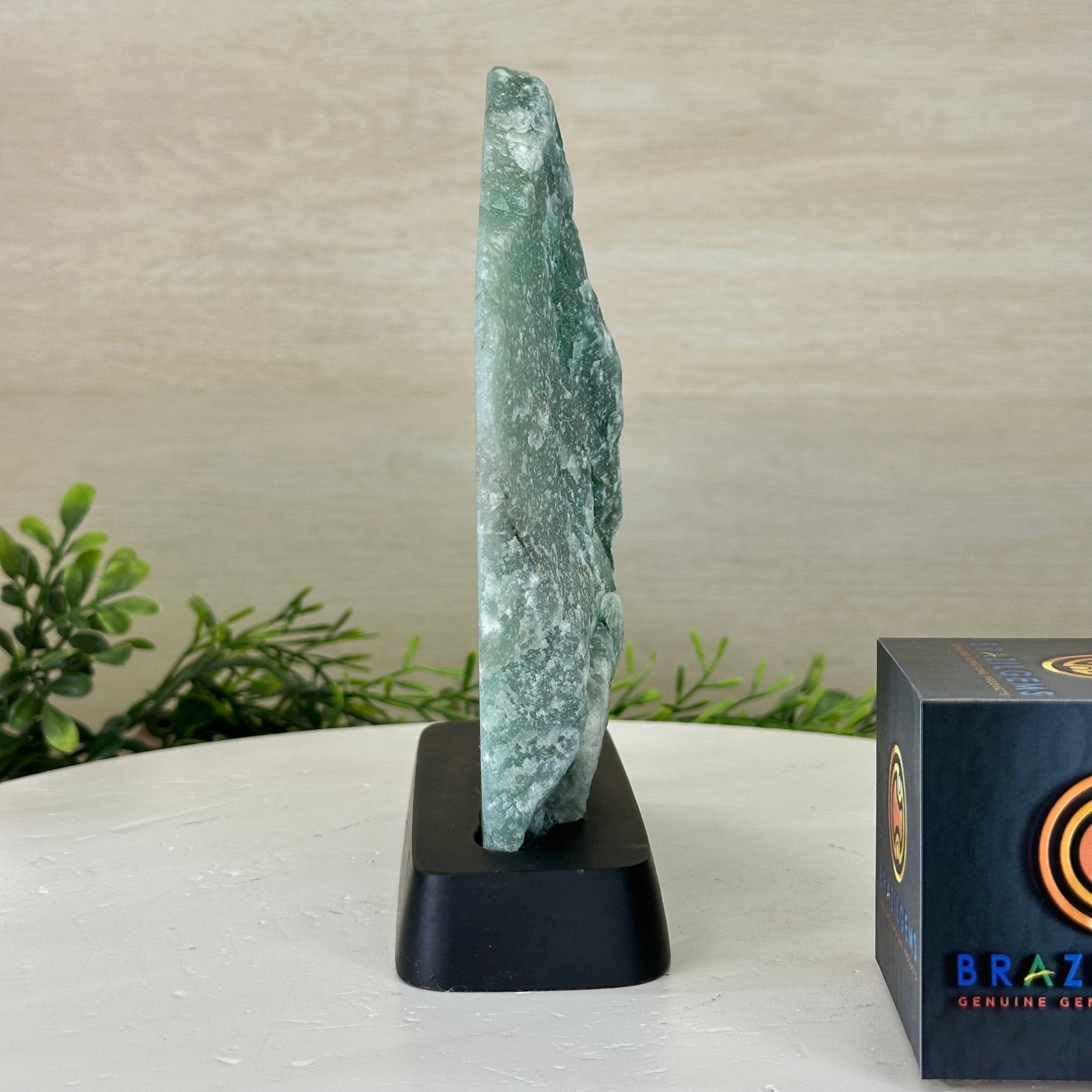 Green Quartz Polished Slice with Rough Edges, Wood Base 7.5" Tall #6100GQ - 007 - Brazil GemsBrazil GemsGreen Quartz Polished Slice with Rough Edges, Wood Base 7.5" Tall #6100GQ - 007Slices on Wood Bases6100GQ - 007