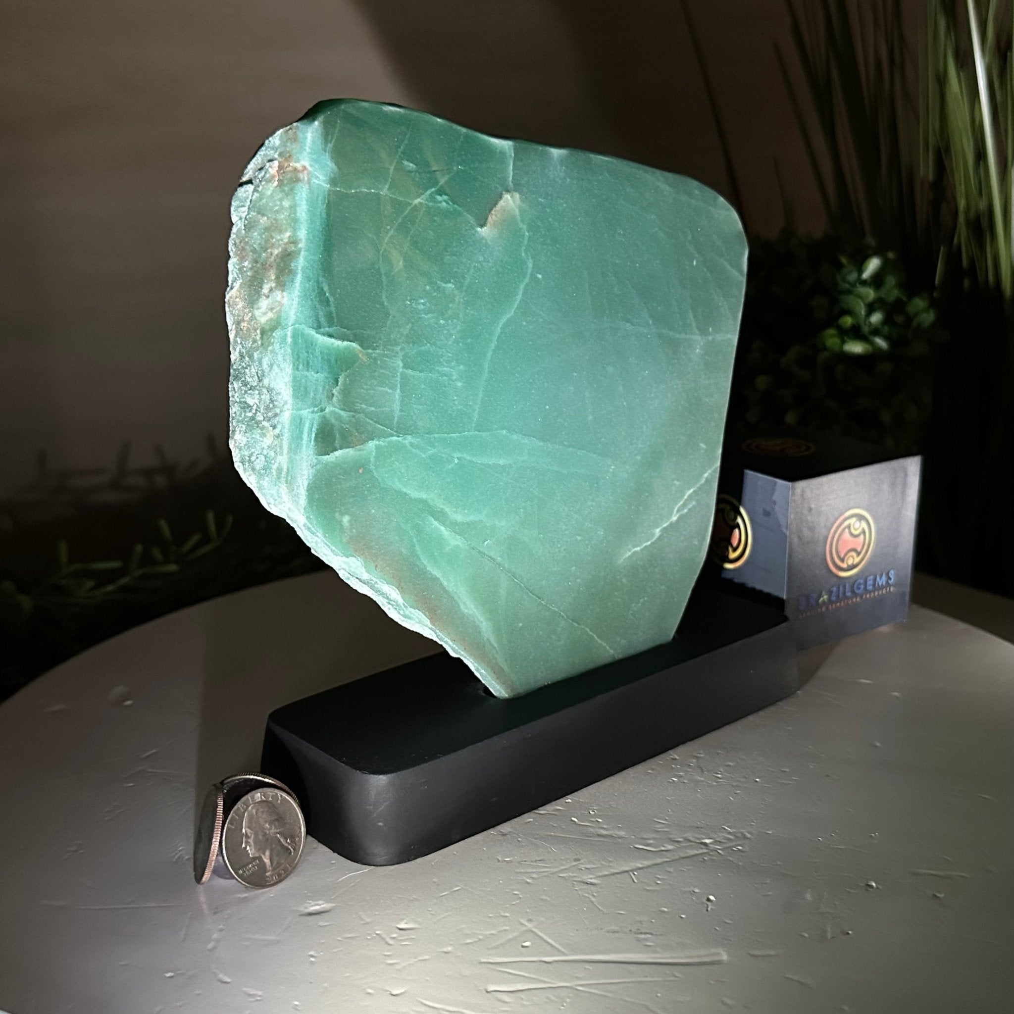 Green Quartz Polished Slice with Rough Edges, Wood Base 7.5" Tall #6100GQ - 021 - Brazil GemsBrazil GemsGreen Quartz Polished Slice with Rough Edges, Wood Base 7.5" Tall #6100GQ - 021Slices on Wood Bases6100GQ - 021