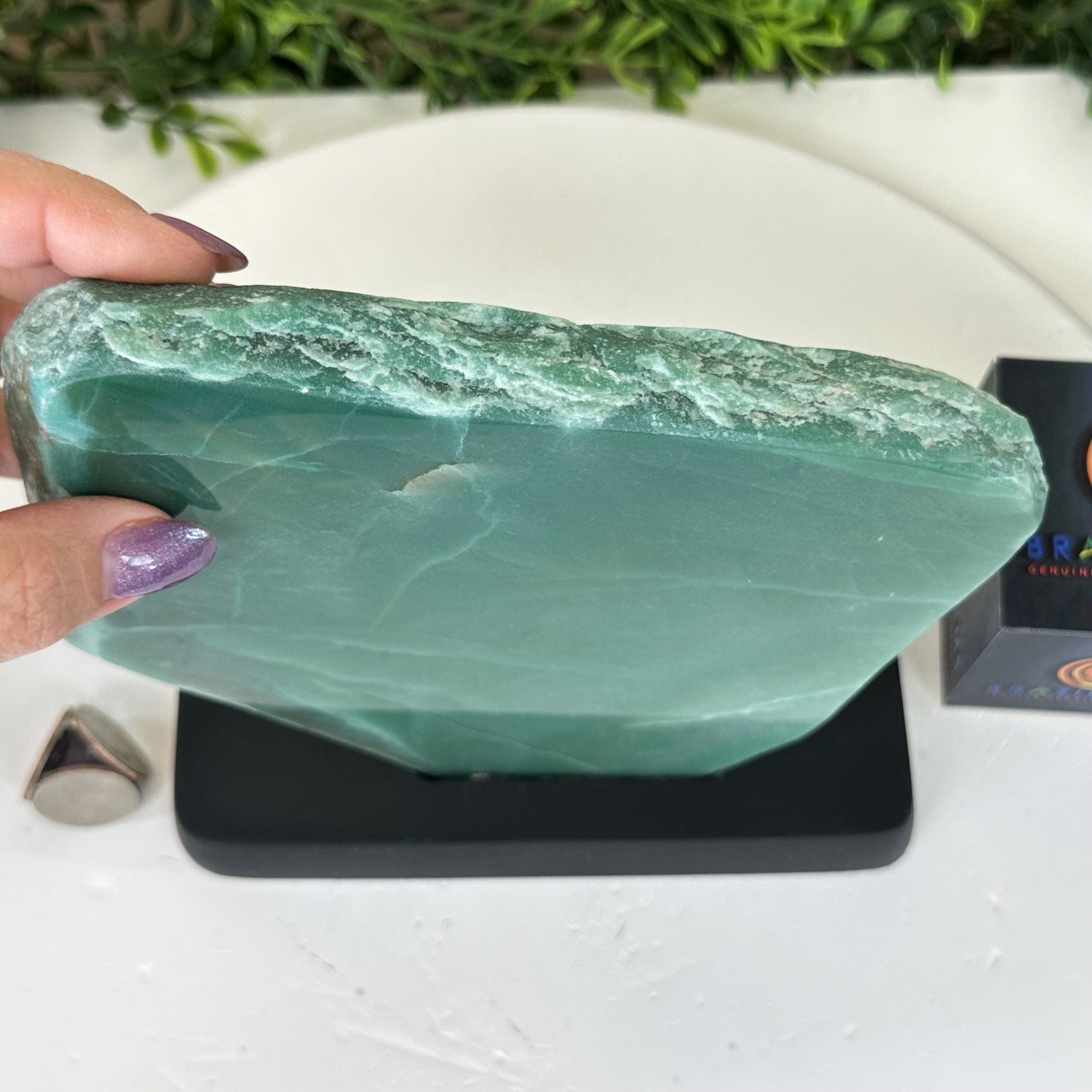 Green Quartz Polished Slice with Rough Edges, Wood Base 7.5" Tall #6100GQ - 021 - Brazil GemsBrazil GemsGreen Quartz Polished Slice with Rough Edges, Wood Base 7.5" Tall #6100GQ - 021Slices on Wood Bases6100GQ - 021