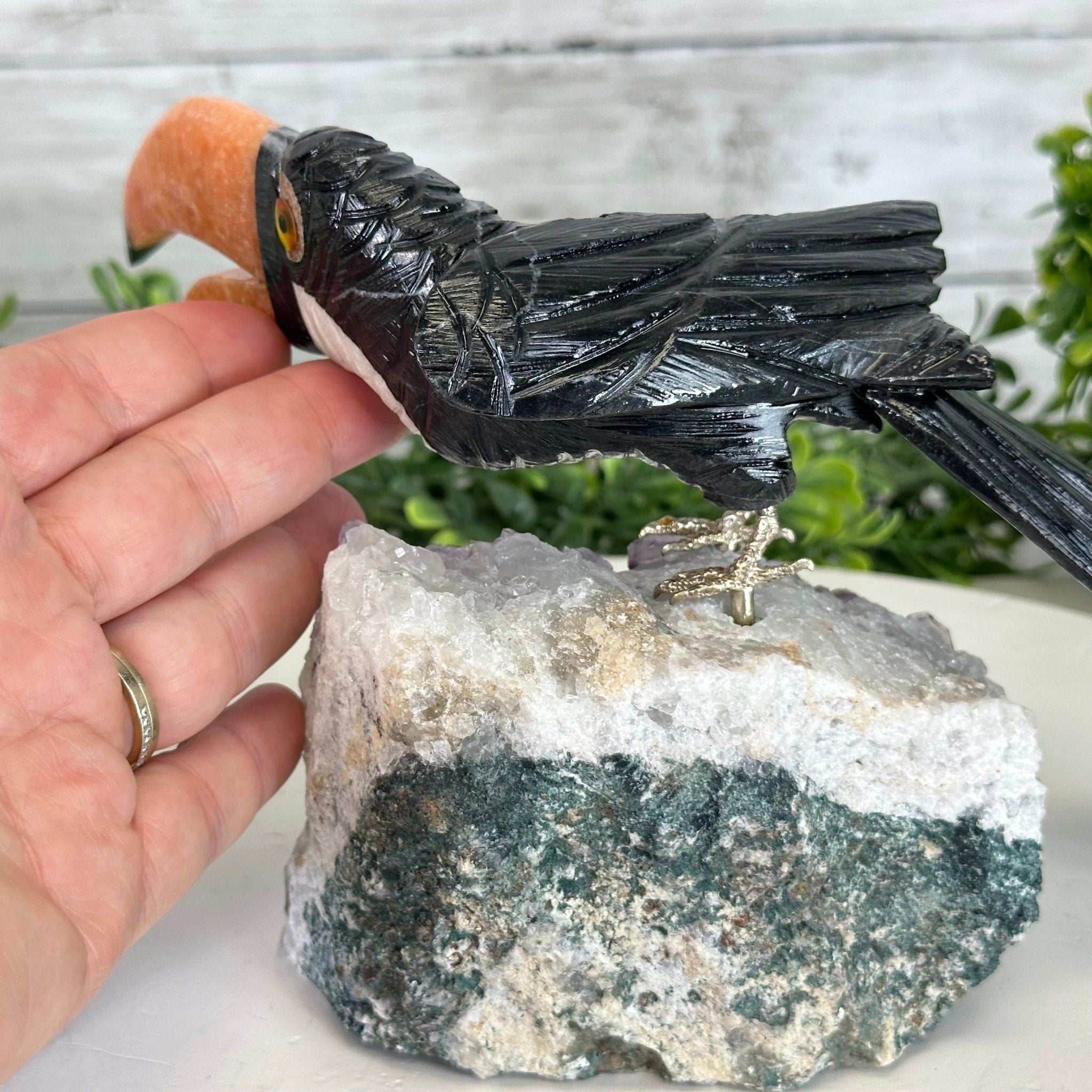 Hand-Carved Black Onyx Toucan Bird 12" Long on an Amethyst Base, #3004-BOTAM-052 - Brazil GemsBrazil GemsHand-Carved Black Onyx Toucan Bird 12" Long on an Amethyst Base, #3004-BOTAM-052Crystal Birds3004-BOTAM-052