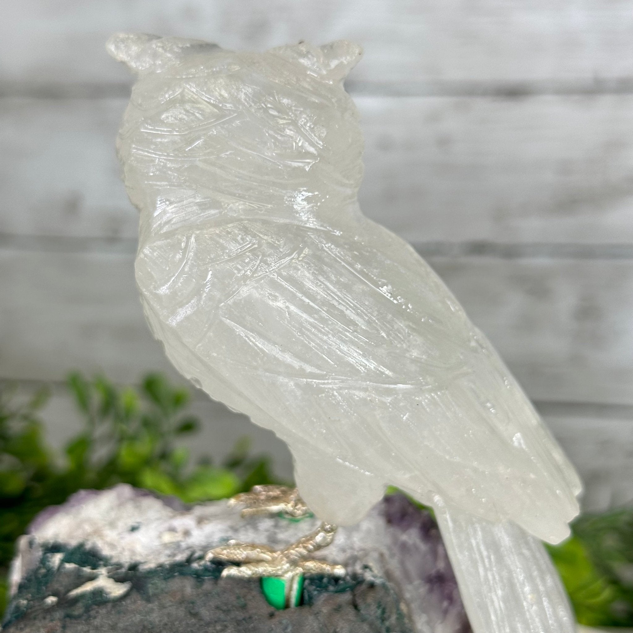 Hand-Carved Clear Quartz Owl Bird 7.25" Long on an Amethyst Base, #3004-CQOAM-048 - Brazil GemsBrazil GemsHand-Carved Clear Quartz Owl Bird 7.25" Long on an Amethyst Base, #3004-CQOAM-048Crystal Birds3004-CQOAM-048