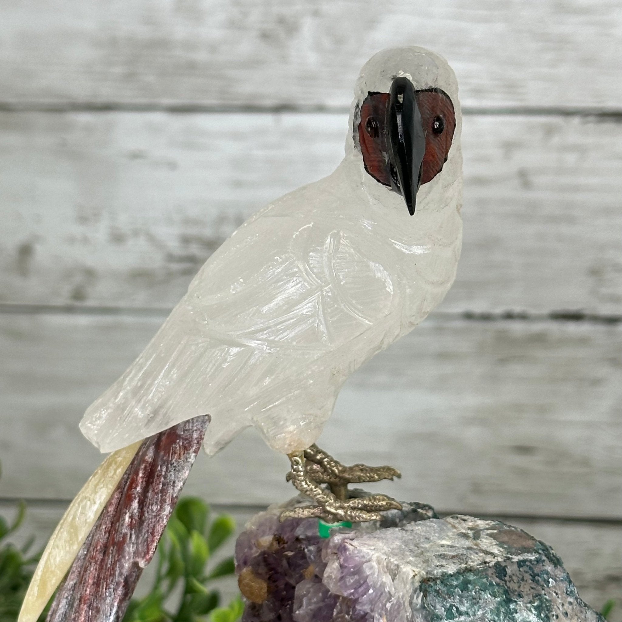 Hand-Carved Clear Quartz Parrot Bird 7.5" Long on an Amethyst Base, #3004-CQPAM-018 - Brazil GemsBrazil GemsHand-Carved Clear Quartz Parrot Bird 7.5" Long on an Amethyst Base, #3004-CQPAM-018Crystal Birds3004-CQPAM-018