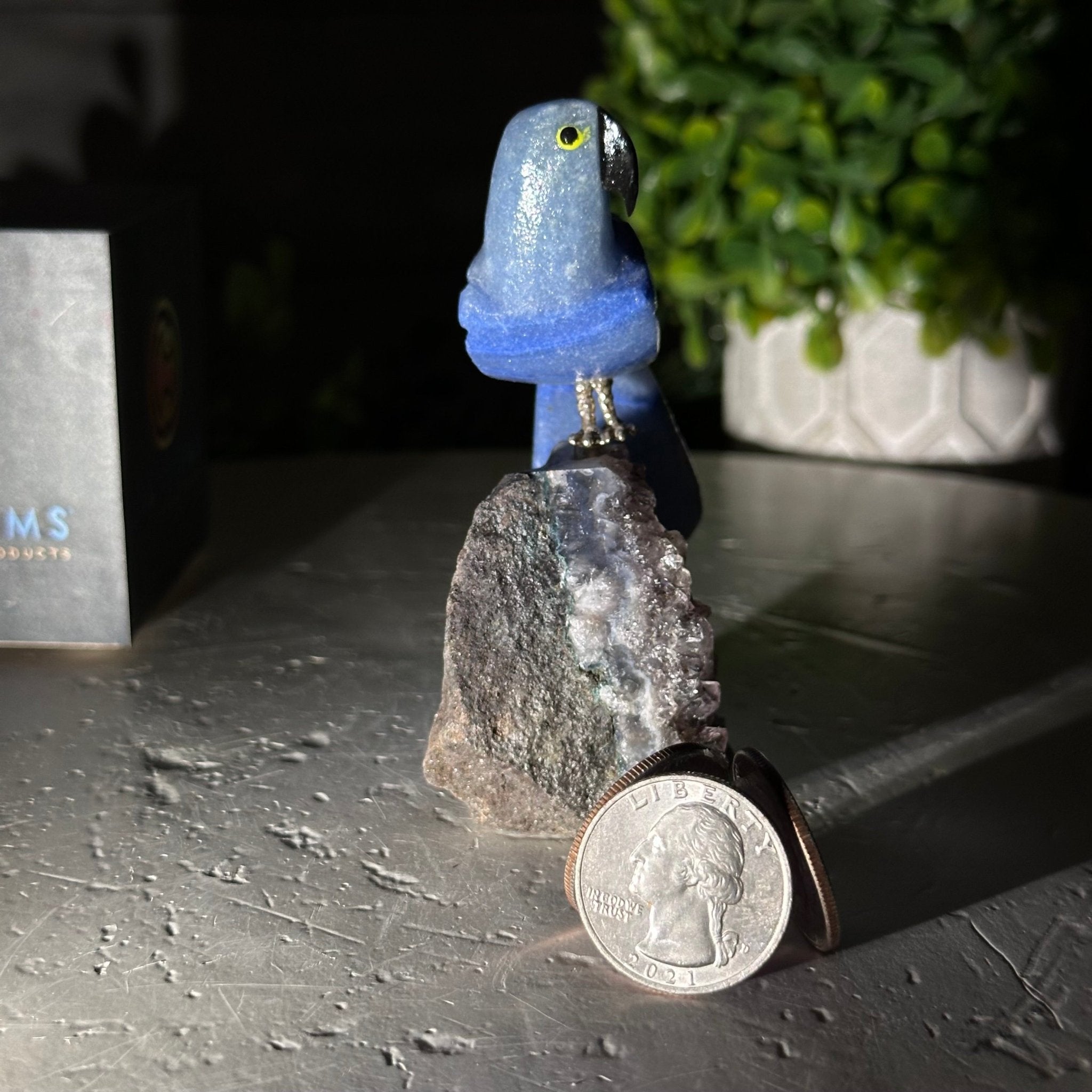 Hand-Carved Crystal Bird, Blue Quartz Parrot, Amethyst Base, 3.6" Tall #3001-BQPAM-024 - Brazil GemsBrazil GemsHand-Carved Crystal Bird, Blue Quartz Parrot, Amethyst Base, 3.6" Tall #3001-BQPAM-024Crystal Birds3001-BQPAM-024