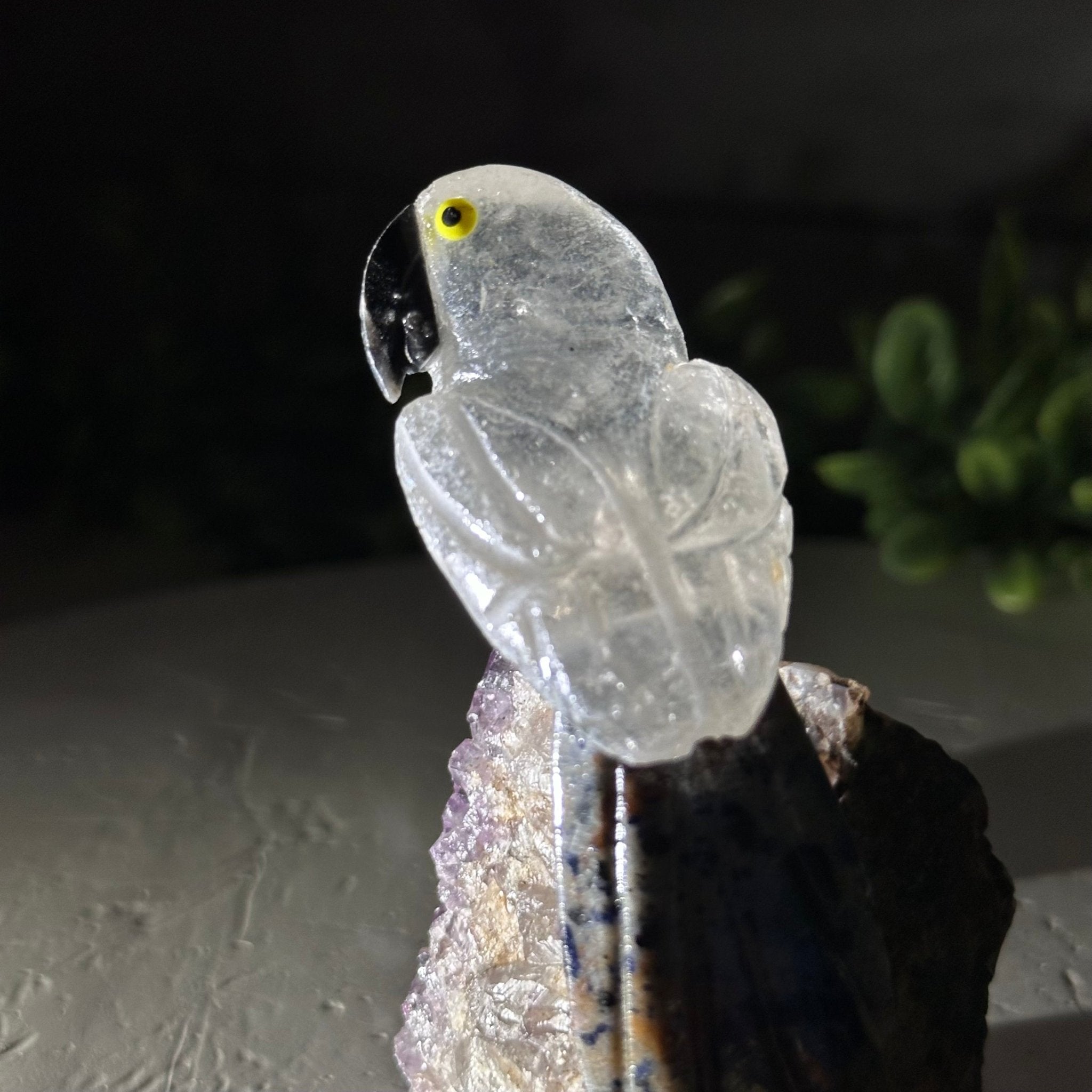 Hand-Carved Crystal Bird, Clear Quartz Parrot, Amethyst Base, 3.6" Tall #3001-CQPAM-018 - Brazil GemsBrazil GemsHand-Carved Crystal Bird, Clear Quartz Parrot, Amethyst Base, 3.6" Tall #3001-CQPAM-018Crystal Birds3001-CQPAM-018