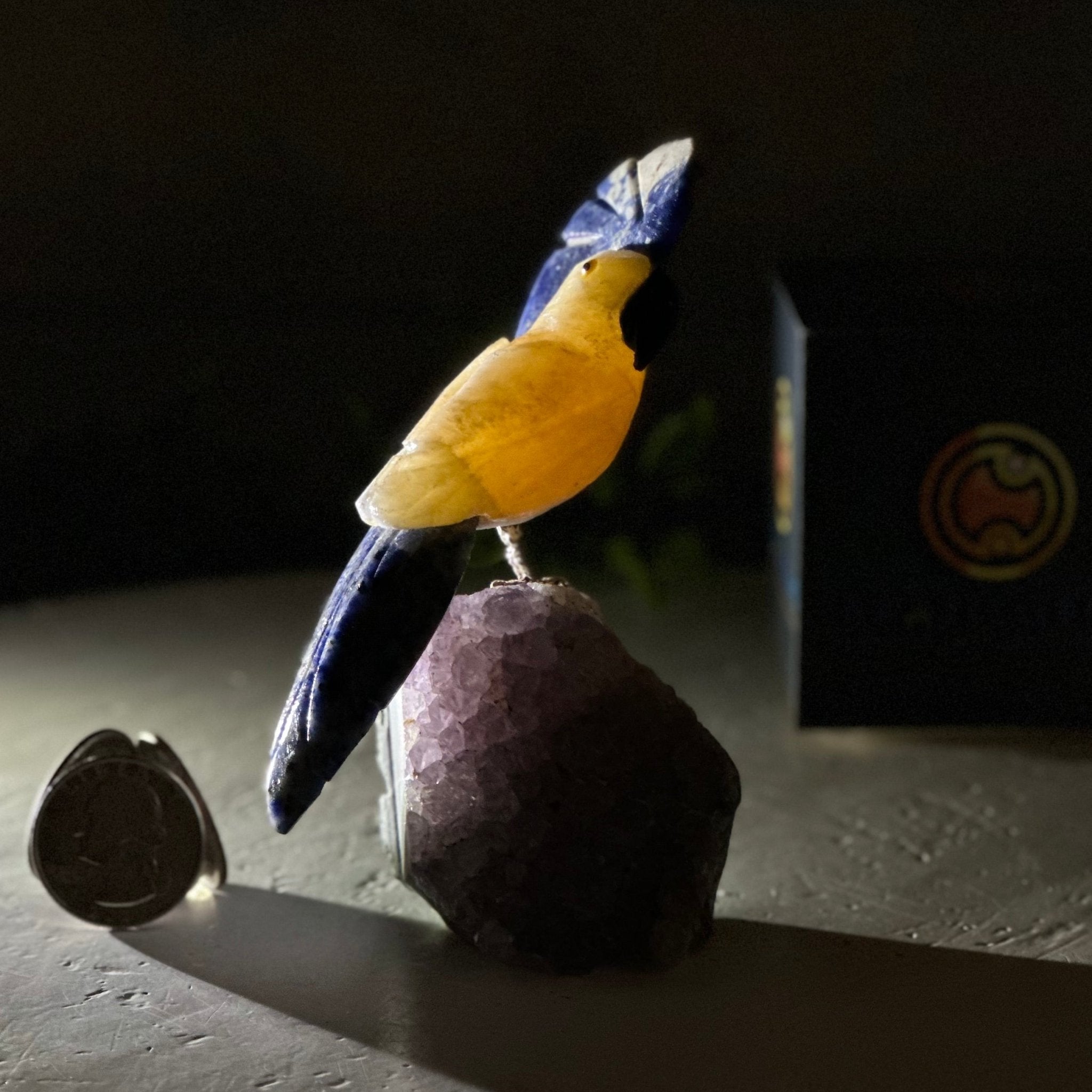Hand-Carved Crystal Bird, Yellow Calcite Cockatoo, Amethyst Base, 4.3" Tall #3001-YCCAM-031 - Brazil GemsBrazil GemsHand-Carved Crystal Bird, Yellow Calcite Cockatoo, Amethyst Base, 4.3" Tall #3001-YCCAM-031Crystal Birds3001-YCCAM-031