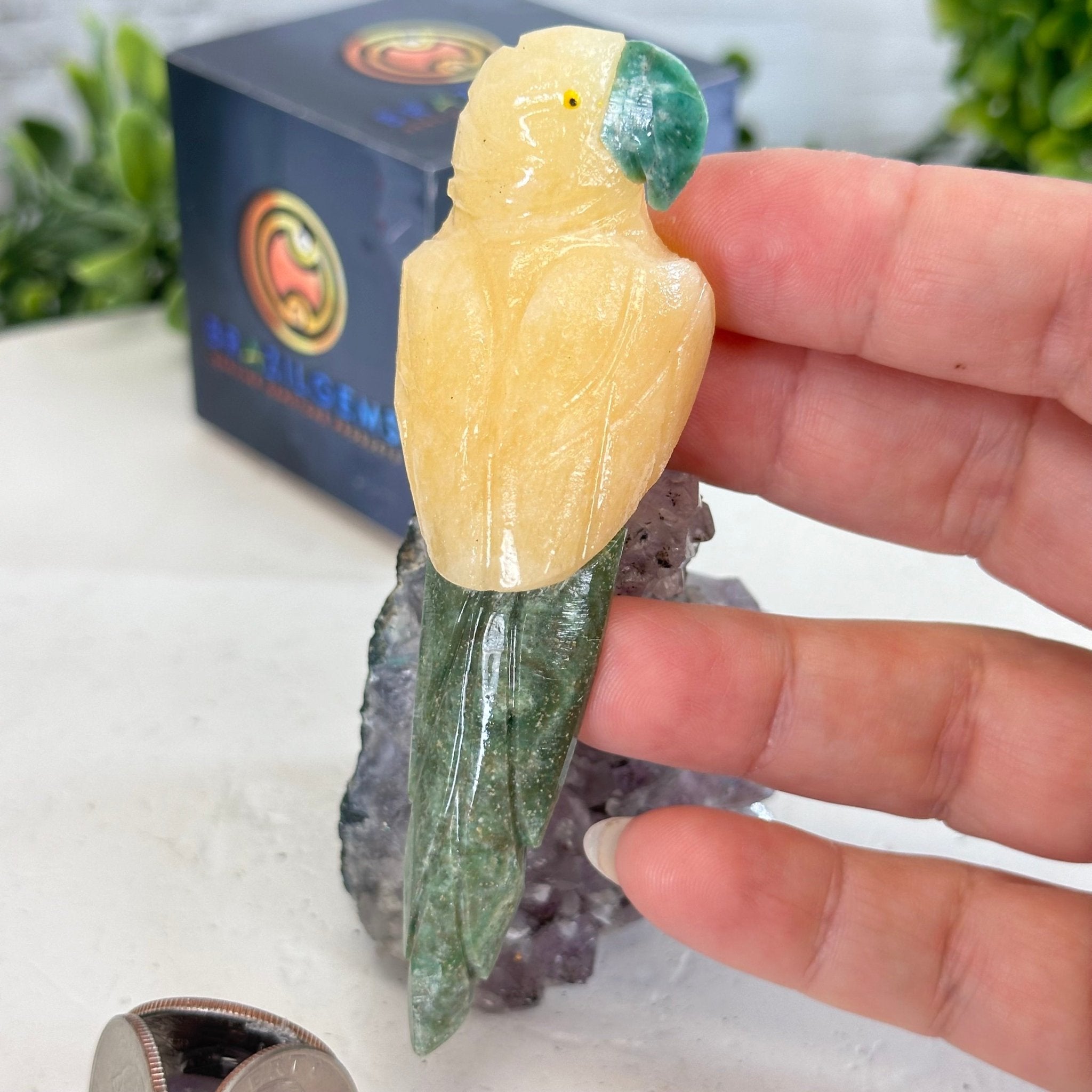 Hand-Carved Crystal Bird, Yellow Calcite Parrot, Amethyst Base, 4.6" Tall #3001-YCPAM-030 - Brazil GemsBrazil GemsHand-Carved Crystal Bird, Yellow Calcite Parrot, Amethyst Base, 4.6" Tall #3001-YCPAM-030Crystal Birds3001-YCPAM-030