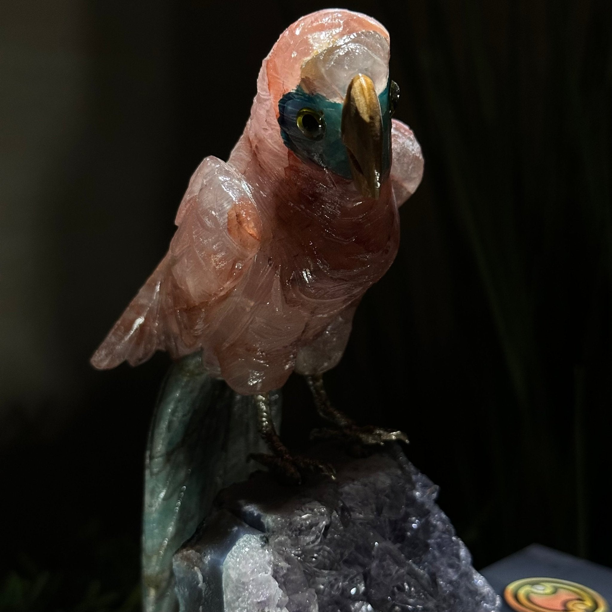 Hand - Carved Fire Quartz Parrot on an Amethyst Base, 8.8" Tall #3004 - FQPAM - 021 - Brazil GemsBrazil GemsHand - Carved Fire Quartz Parrot on an Amethyst Base, 8.8" Tall #3004 - FQPAM - 021Crystal Birds3004 - FQPAM - 021