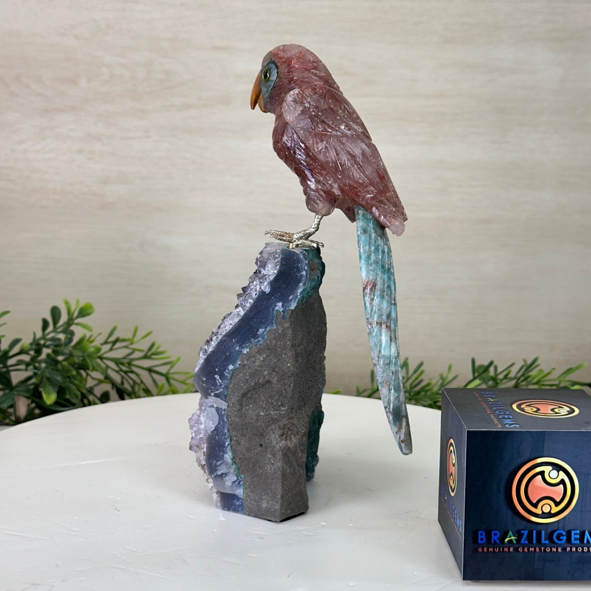 Hand - Carved Fire Quartz Parrot on an Amethyst Base, 8.8" Tall #3004 - FQPAM - 021 - Brazil GemsBrazil GemsHand - Carved Fire Quartz Parrot on an Amethyst Base, 8.8" Tall #3004 - FQPAM - 021Crystal Birds3004 - FQPAM - 021