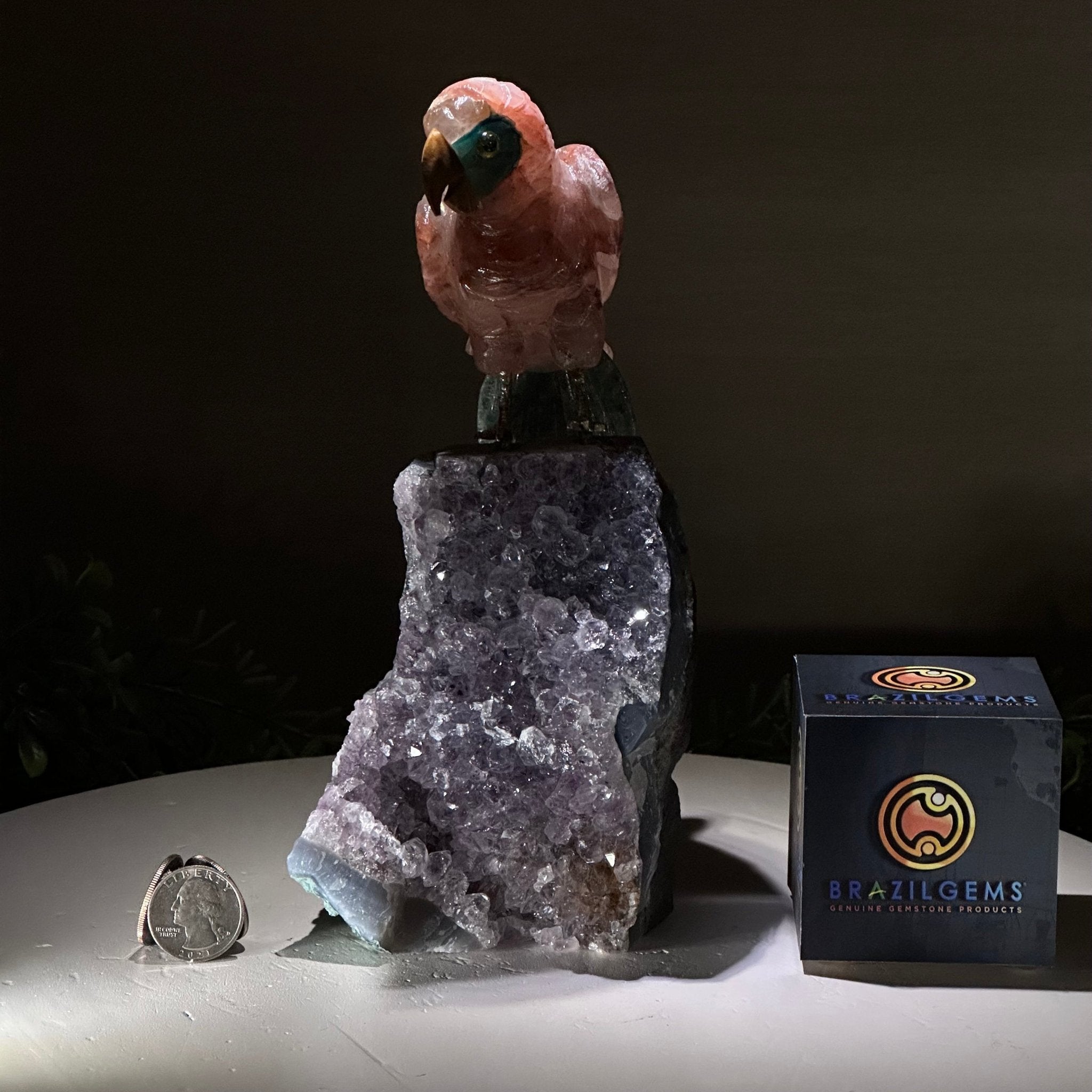 Hand - Carved Fire Quartz Parrot on an Amethyst Base, 8.8" Tall #3004 - FQPAM - 021 - Brazil GemsBrazil GemsHand - Carved Fire Quartz Parrot on an Amethyst Base, 8.8" Tall #3004 - FQPAM - 021Crystal Birds3004 - FQPAM - 021