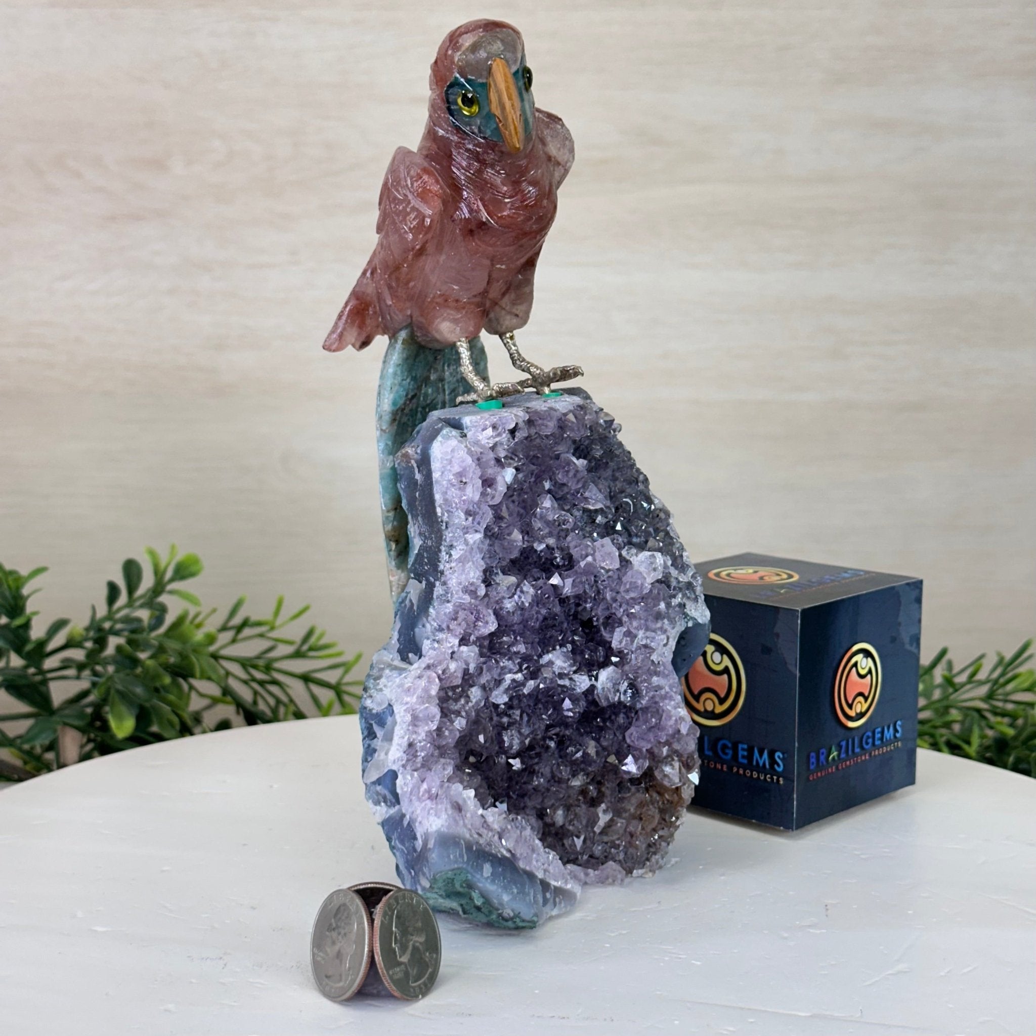 Hand - Carved Fire Quartz Parrot on an Amethyst Base, 8.8" Tall #3004 - FQPAM - 021 - Brazil GemsBrazil GemsHand - Carved Fire Quartz Parrot on an Amethyst Base, 8.8" Tall #3004 - FQPAM - 021Crystal Birds3004 - FQPAM - 021