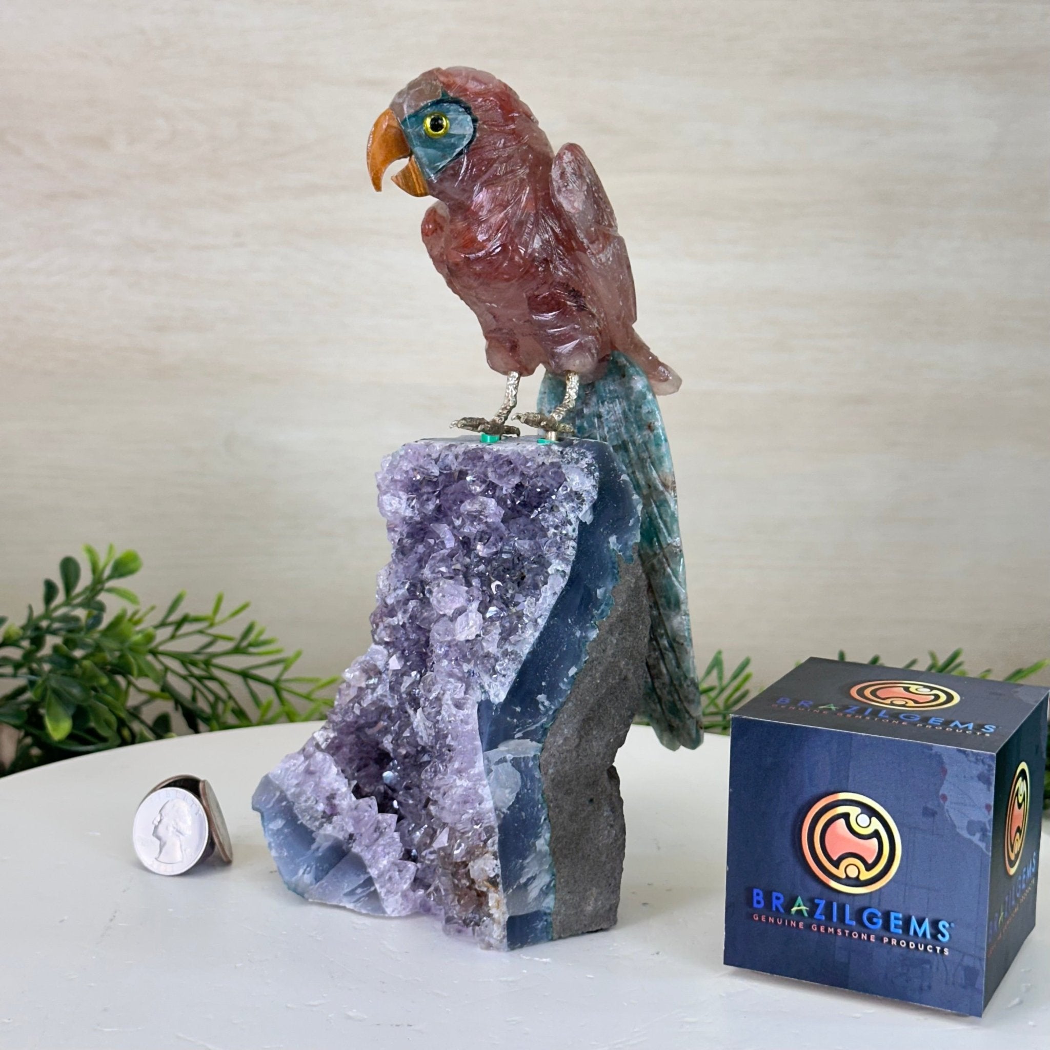 Hand - Carved Fire Quartz Parrot on an Amethyst Base, 8.8" Tall #3004 - FQPAM - 021 - Brazil GemsBrazil GemsHand - Carved Fire Quartz Parrot on an Amethyst Base, 8.8" Tall #3004 - FQPAM - 021Crystal Birds3004 - FQPAM - 021