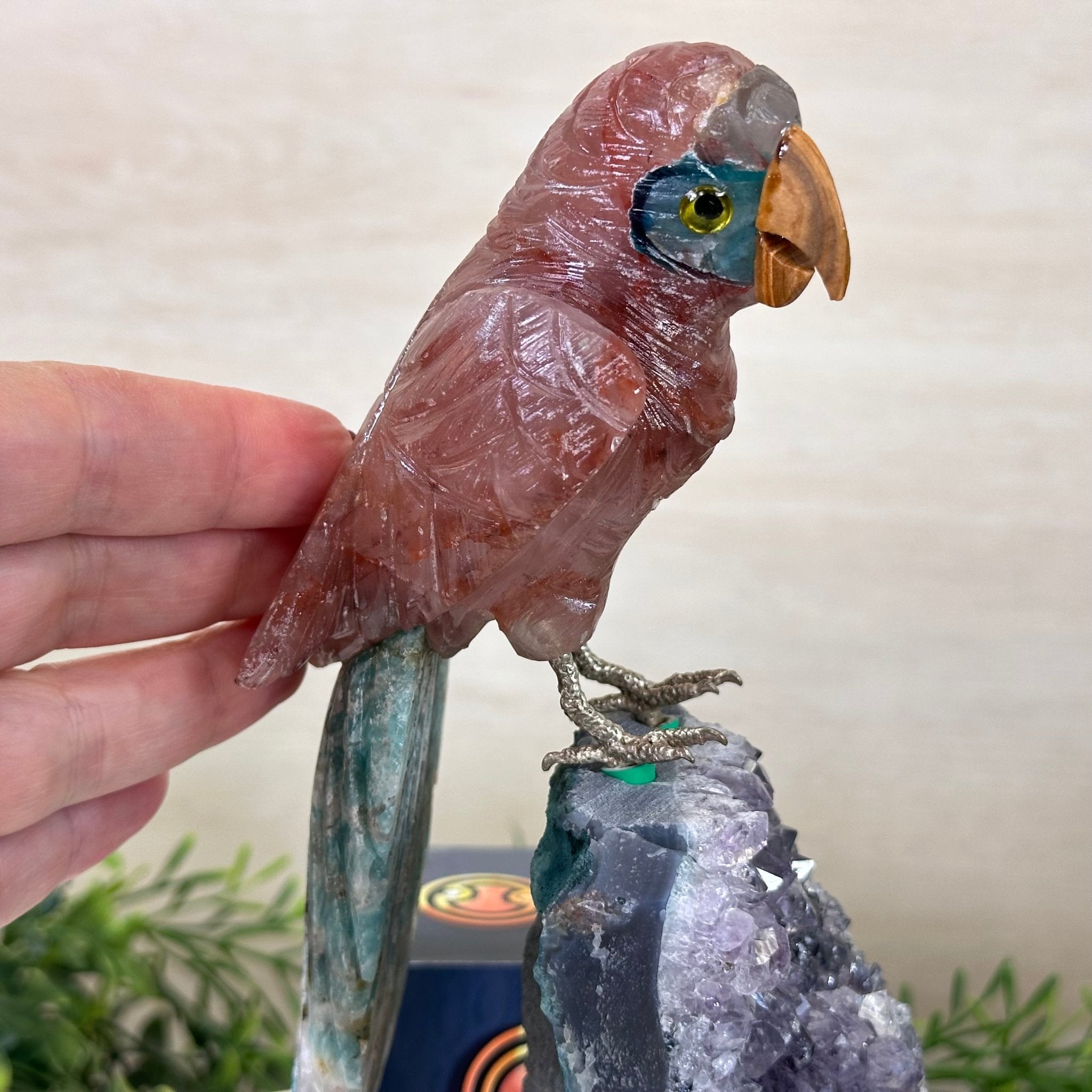 Hand - Carved Fire Quartz Parrot on an Amethyst Base, 8.8" Tall #3004 - FQPAM - 021 - Brazil GemsBrazil GemsHand - Carved Fire Quartz Parrot on an Amethyst Base, 8.8" Tall #3004 - FQPAM - 021Crystal Birds3004 - FQPAM - 021