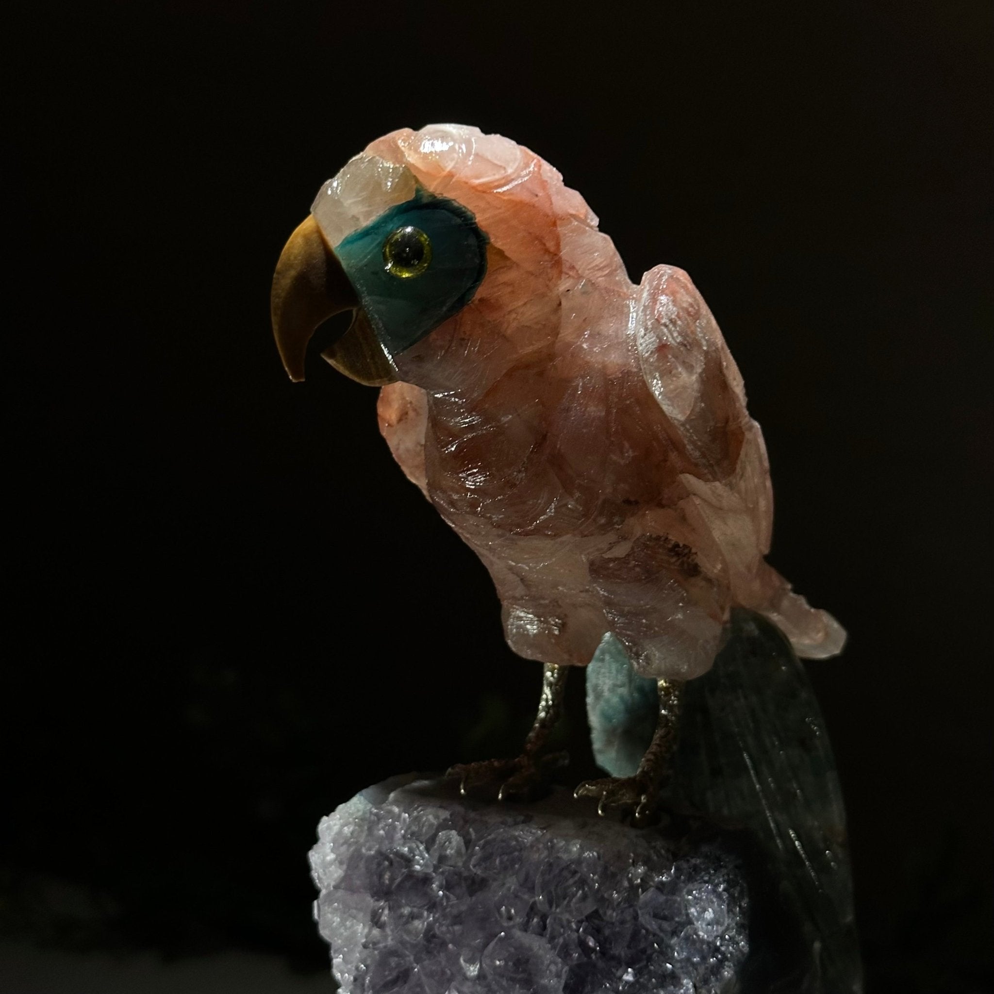 Hand - Carved Fire Quartz Parrot on an Amethyst Base, 8.8" Tall #3004 - FQPAM - 021 - Brazil GemsBrazil GemsHand - Carved Fire Quartz Parrot on an Amethyst Base, 8.8" Tall #3004 - FQPAM - 021Crystal Birds3004 - FQPAM - 021