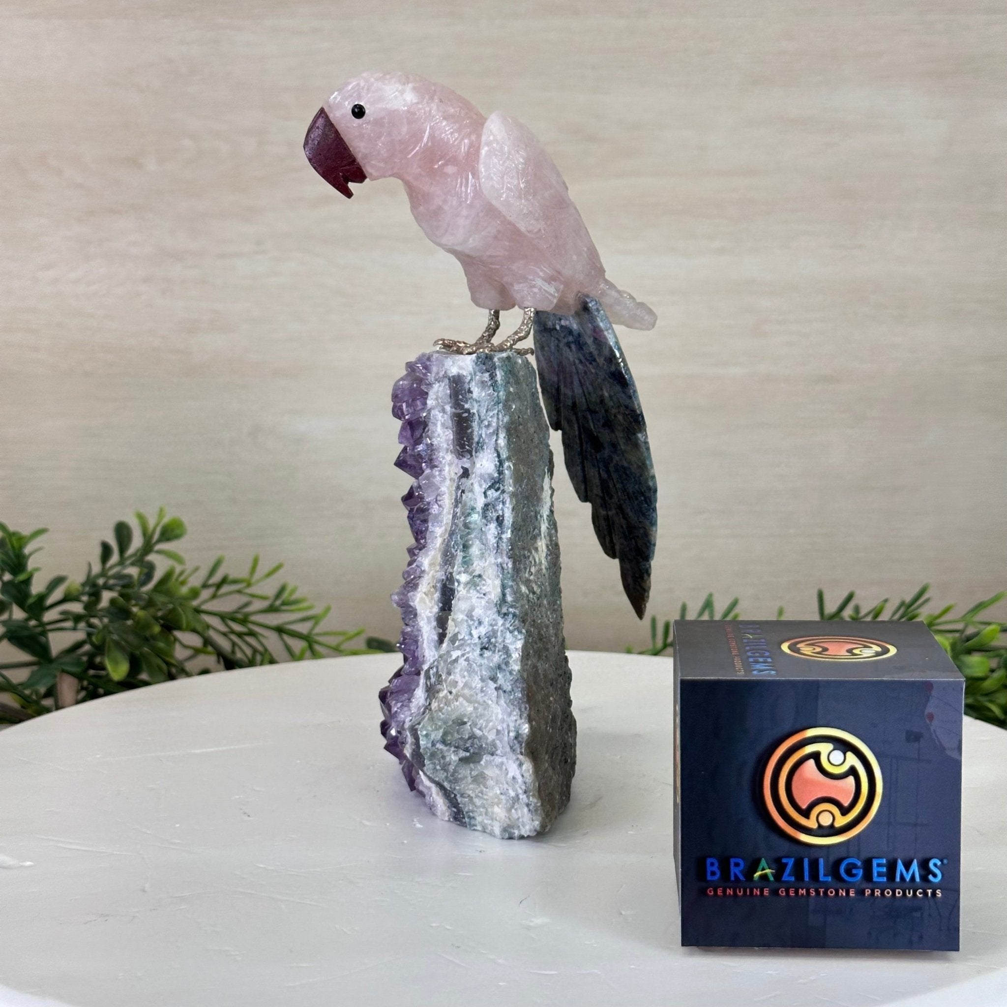 Hand - Carved Rose Quartz Parrot on an Amethyst Base, 8.3" Tall #3004 - RQPAM - 022 - Brazil GemsBrazil GemsHand - Carved Rose Quartz Parrot on an Amethyst Base, 8.3" Tall #3004 - RQPAM - 022Crystal Birds3004 - RQPAM - 022