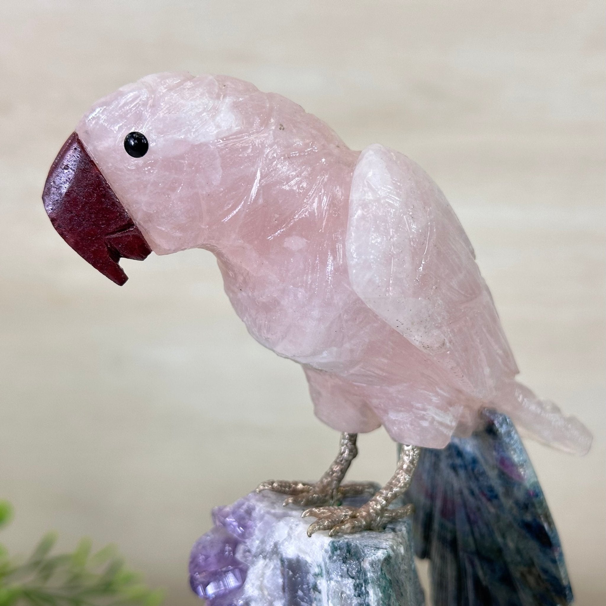 Hand - Carved Rose Quartz Parrot on an Amethyst Base, 8.3" Tall #3004 - RQPAM - 022 - Brazil GemsBrazil GemsHand - Carved Rose Quartz Parrot on an Amethyst Base, 8.3" Tall #3004 - RQPAM - 022Crystal Birds3004 - RQPAM - 022