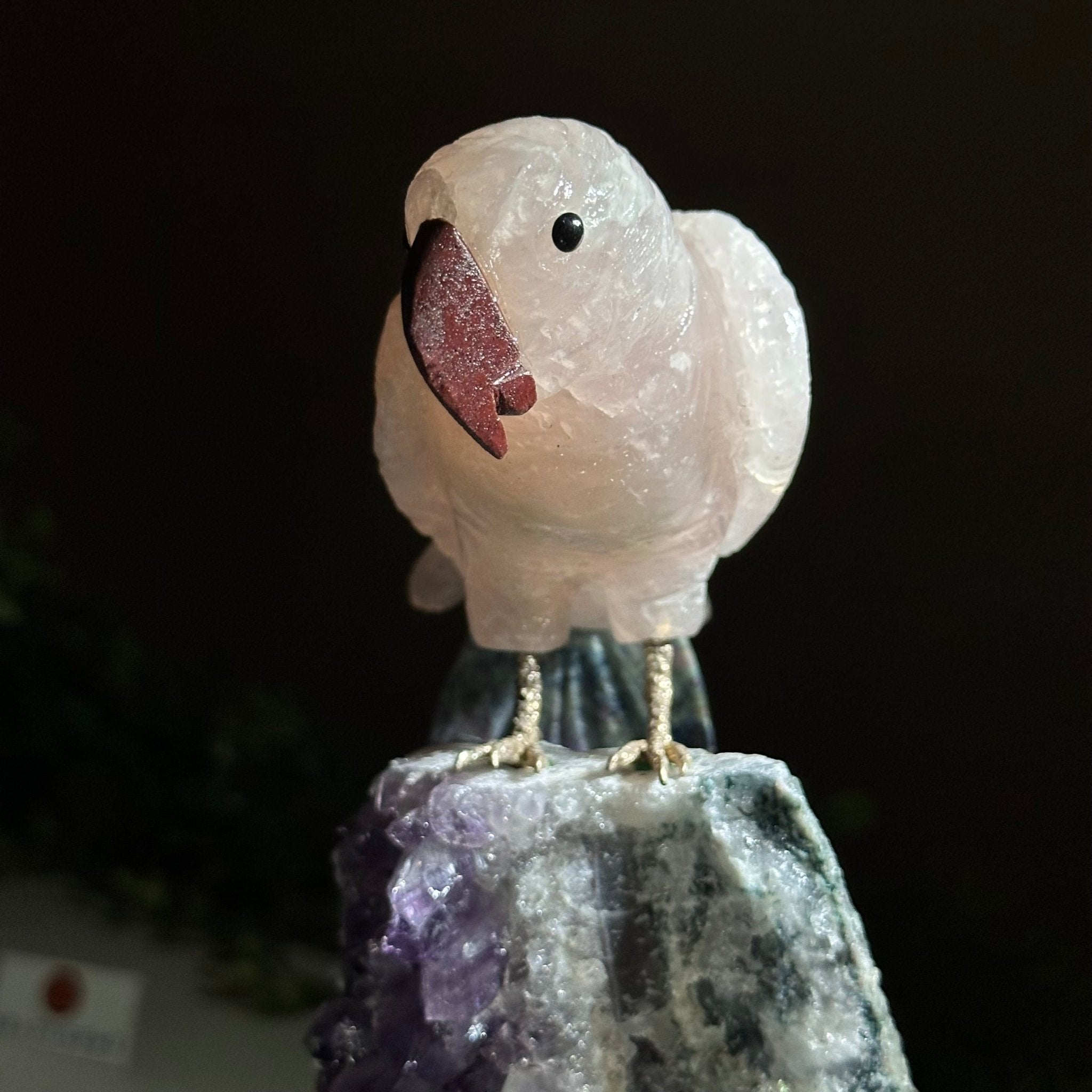 Hand - Carved Rose Quartz Parrot on an Amethyst Base, 8.3" Tall #3004 - RQPAM - 022 - Brazil GemsBrazil GemsHand - Carved Rose Quartz Parrot on an Amethyst Base, 8.3" Tall #3004 - RQPAM - 022Crystal Birds3004 - RQPAM - 022