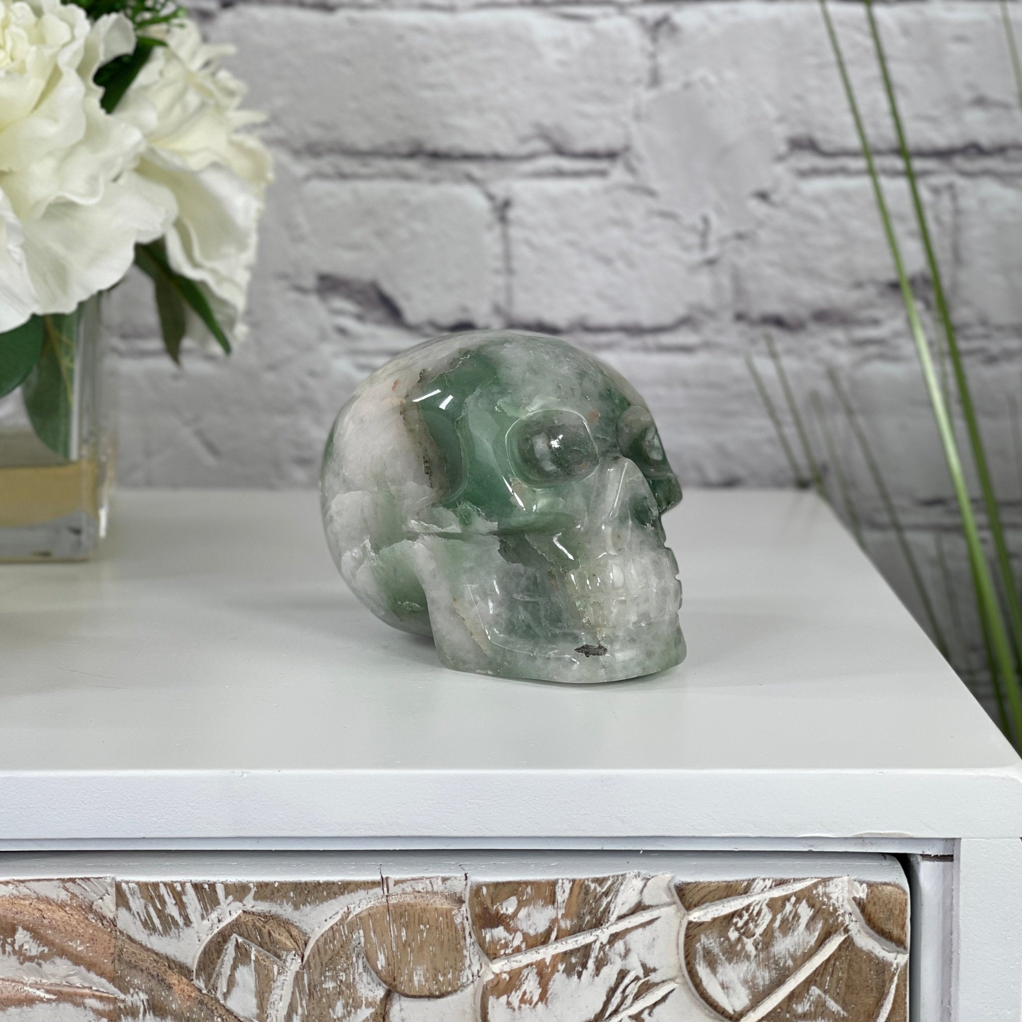 Handmade Green Quartz Crystal Skull Model #3477-0008 – Brazil Gems